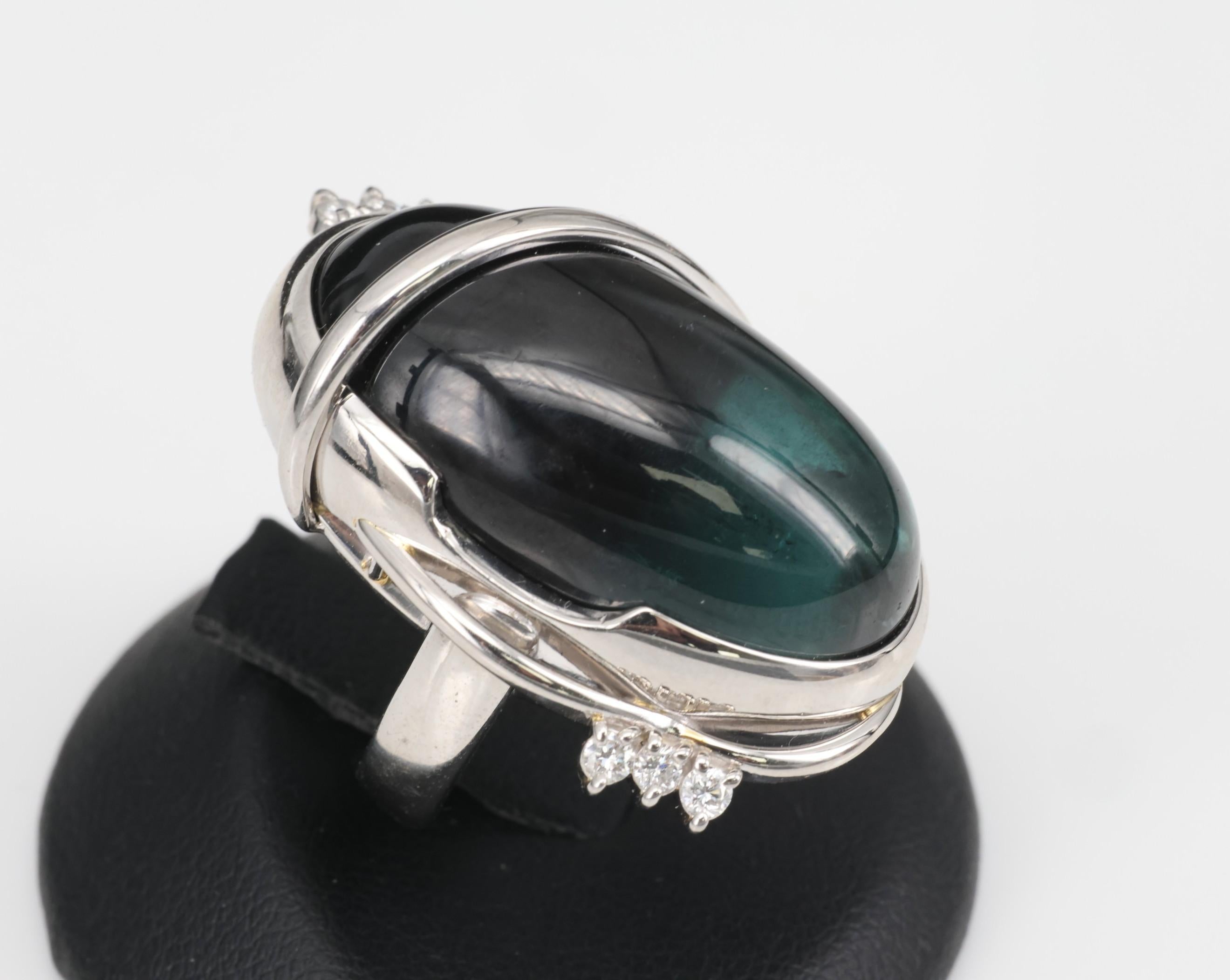 38.45ct Bi-Color Indicolite Tourmaline 0.28ct Diamond Platinum Ring Size 6.5