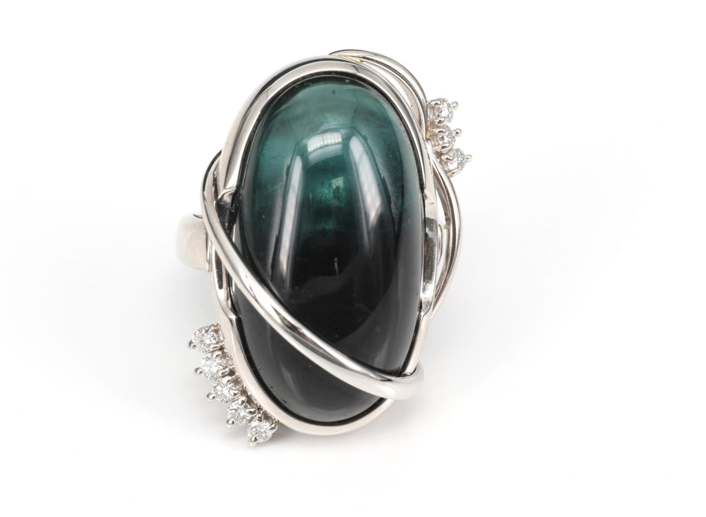 38.45ct Bi-Color Indicolite Tourmaline 0.28ct Diamond Platinum Ring Size 6.5