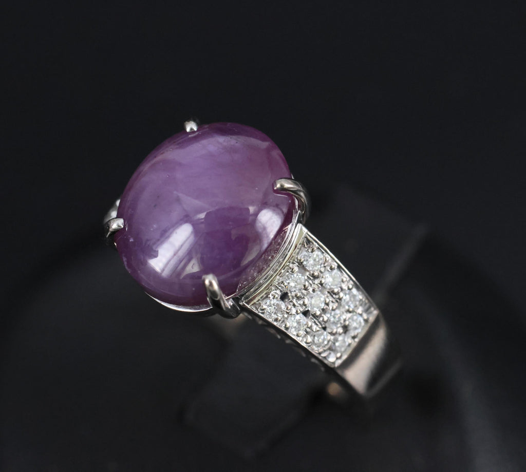 7.36ct Natural Purple Star Sapphire & 0.20ct Diamond 18K White Gold Ring, Size 7