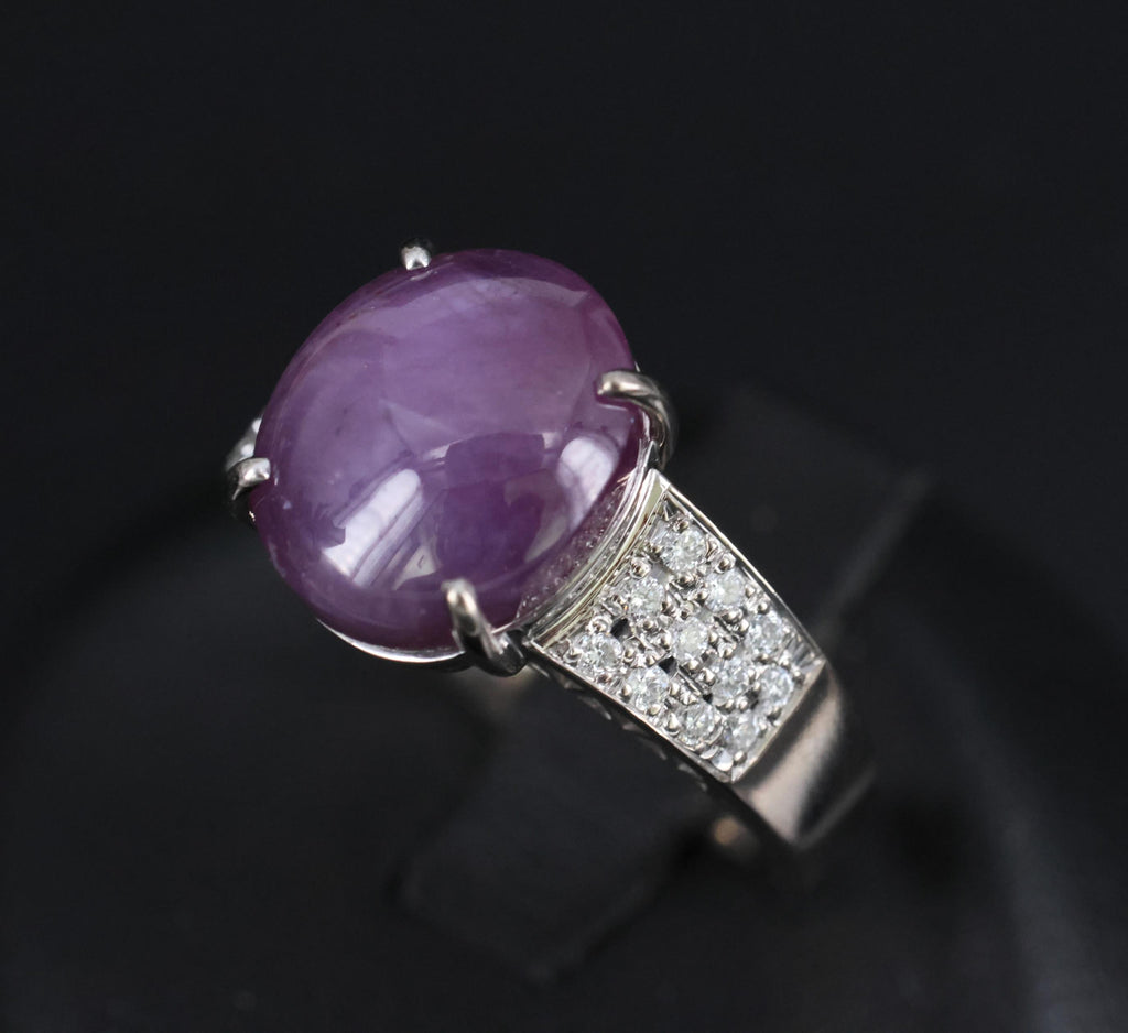 7.36ct Natural Purple Star Sapphire & 0.20ct Diamond 18K White Gold Ring, Size 7