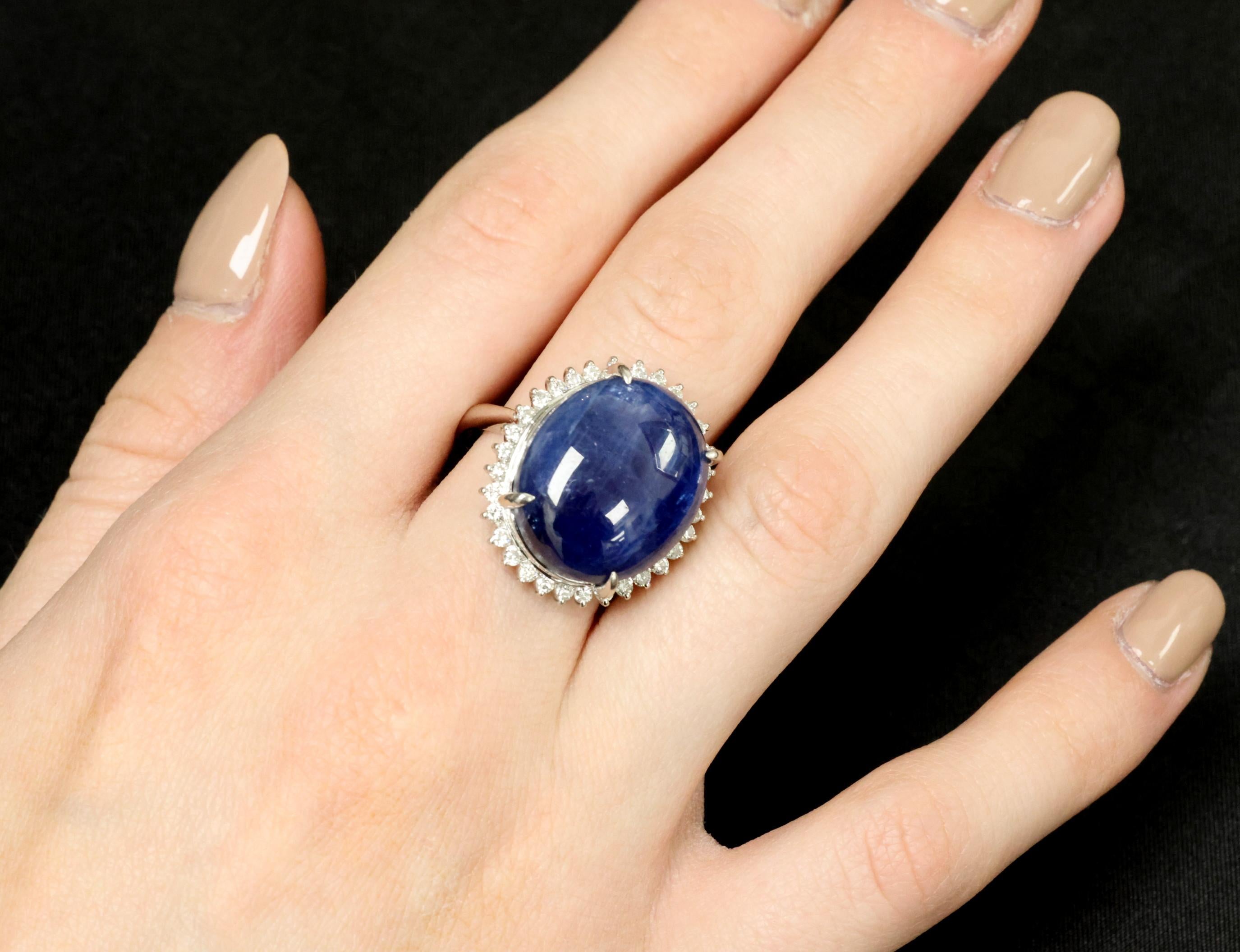 Vintage 38.71ct Natural Blue Sapphire & 0.74ct Diamond Platinum Ring, Size 9.75