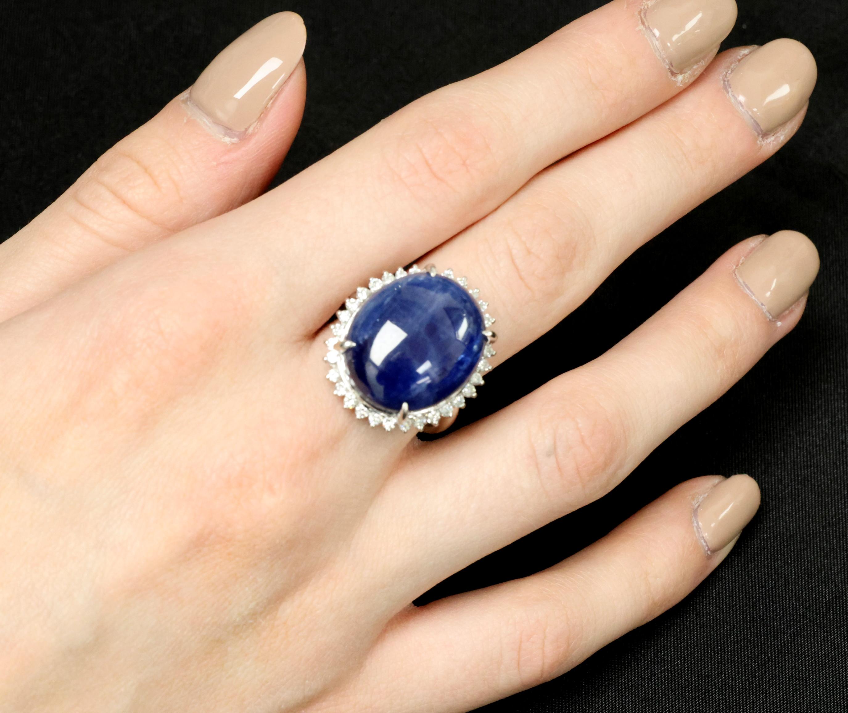 Vintage 38.71ct Natural Blue Sapphire & 0.74ct Diamond Platinum Ring, Size 9.75