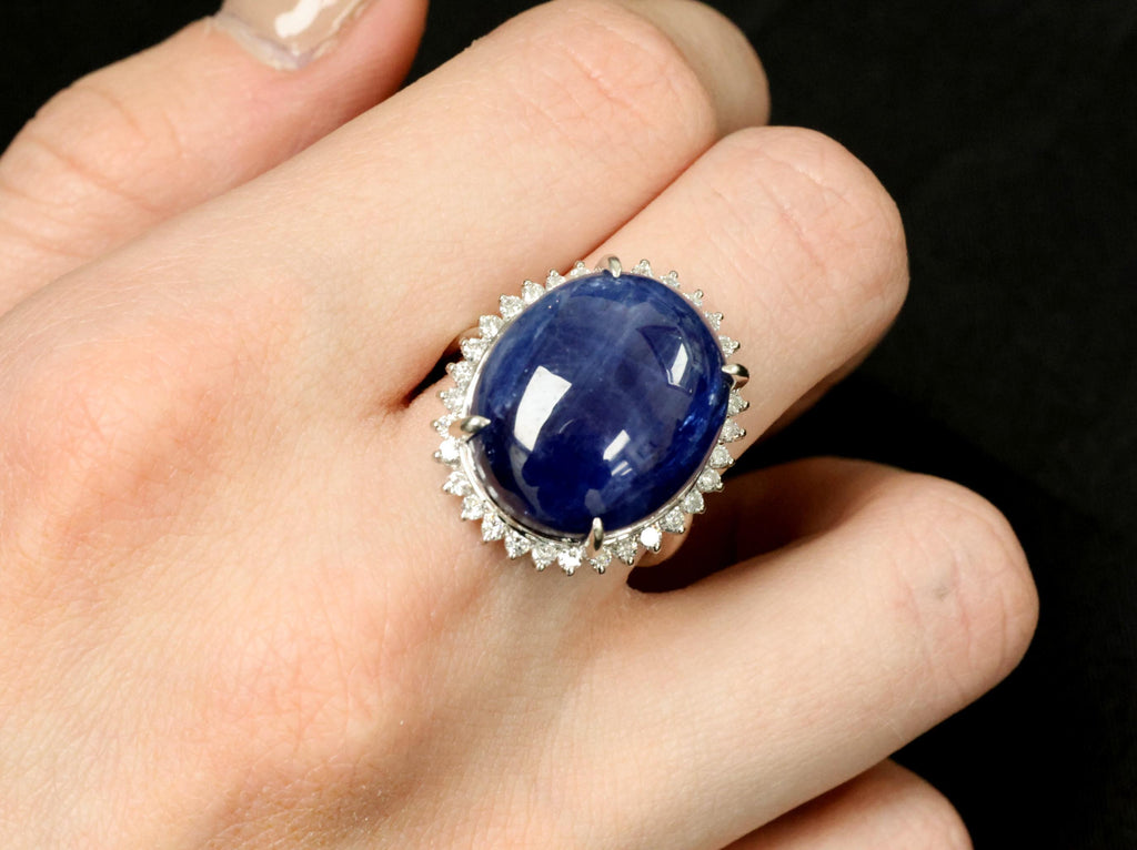 Vintage 38.71ct Natural Blue Sapphire & 0.74ct Diamond Platinum Ring, Size 9.75
