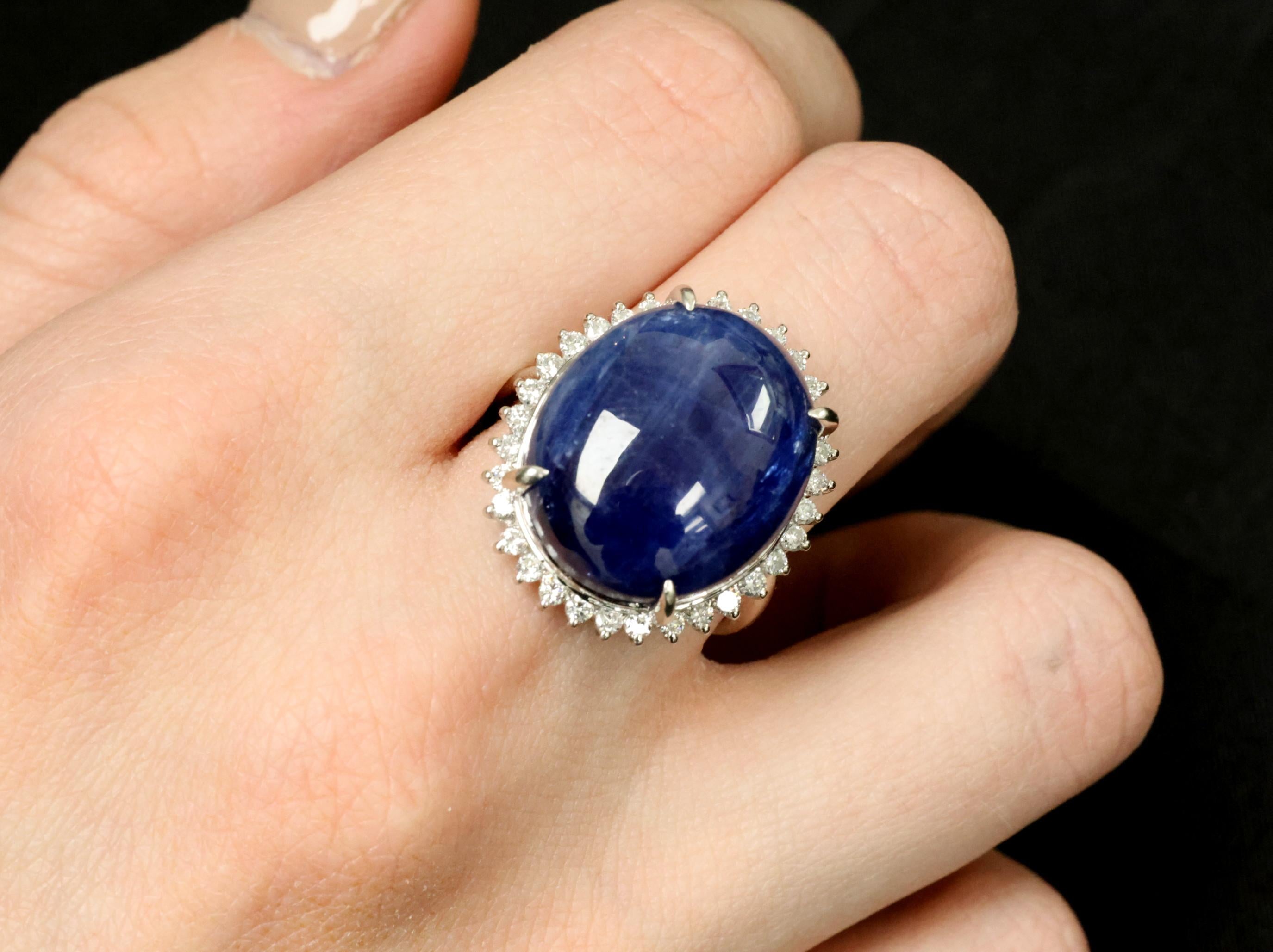 Vintage 38.71ct Natural Blue Sapphire & 0.74ct Diamond Platinum Ring, Size 9.75