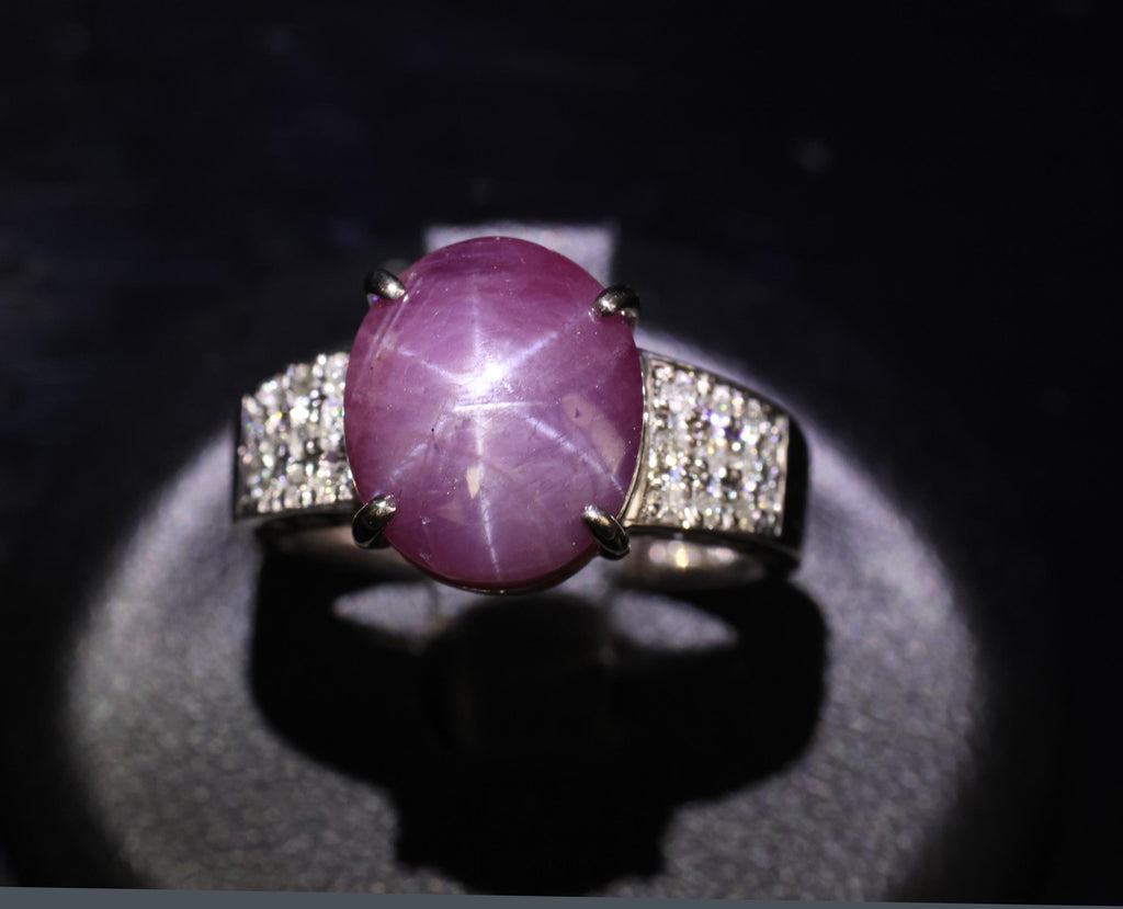 7.36ct Natural Purple Star Sapphire & 0.20ct Diamond 18K White Gold Ring, Size 7