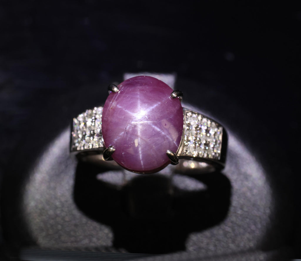 7.36ct Natural Purple Star Sapphire & 0.20ct Diamond 18K White Gold Ring, Size 7