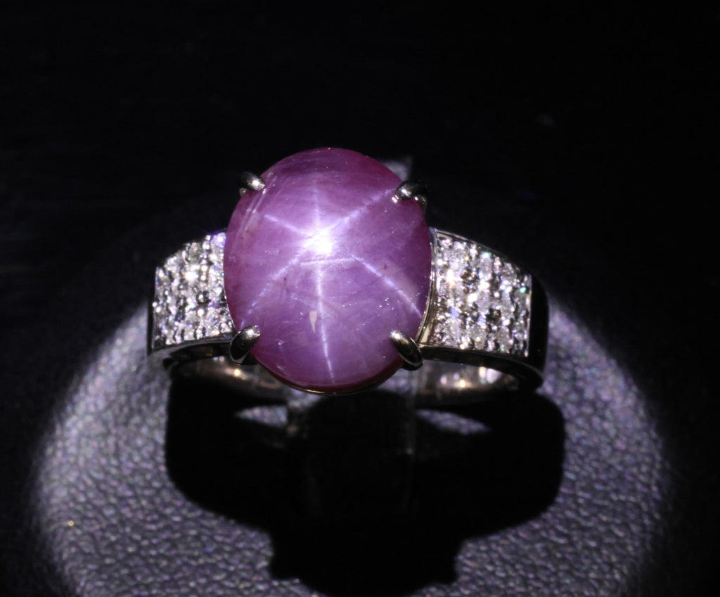 7.36ct Natural Purple Star Sapphire & 0.20ct Diamond 18K White Gold Ring, Size 7