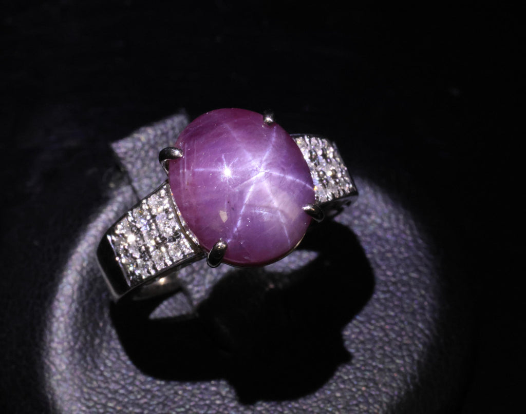 7.36ct Natural Purple Star Sapphire & 0.20ct Diamond 18K White Gold Ring, Size 7