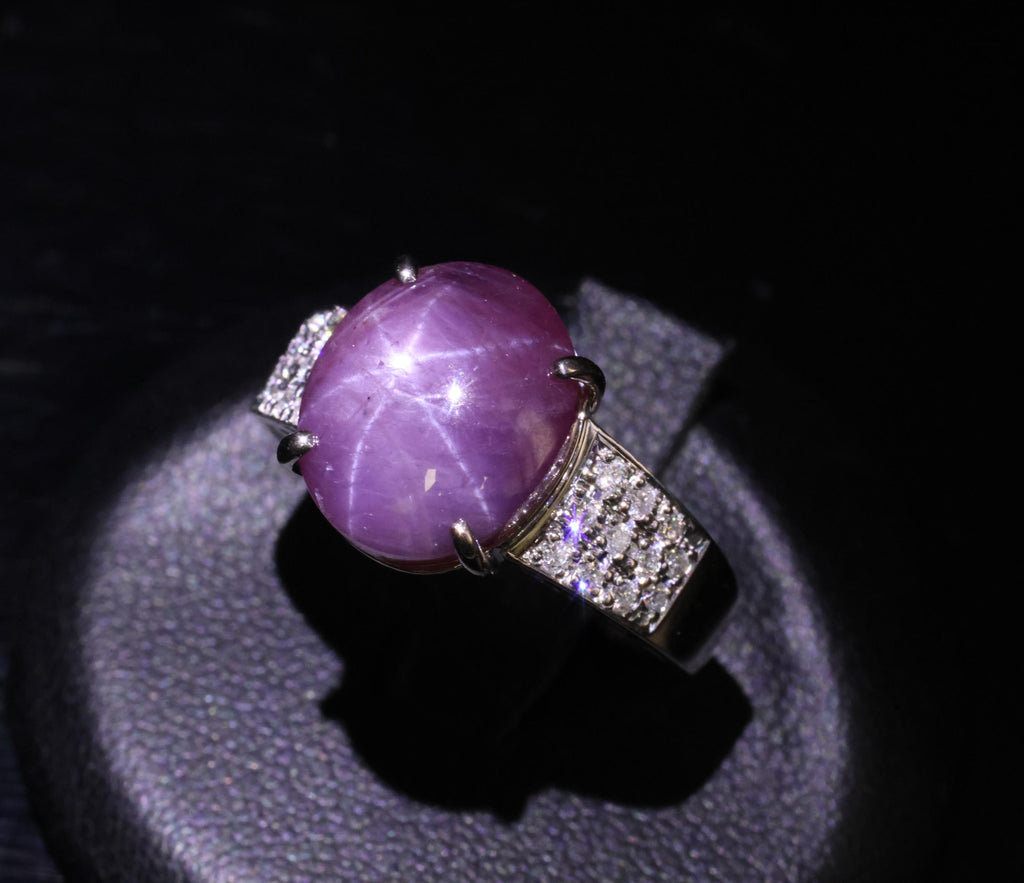 7.36ct Natural Purple Star Sapphire & 0.20ct Diamond 18K White Gold Ring, Size 7