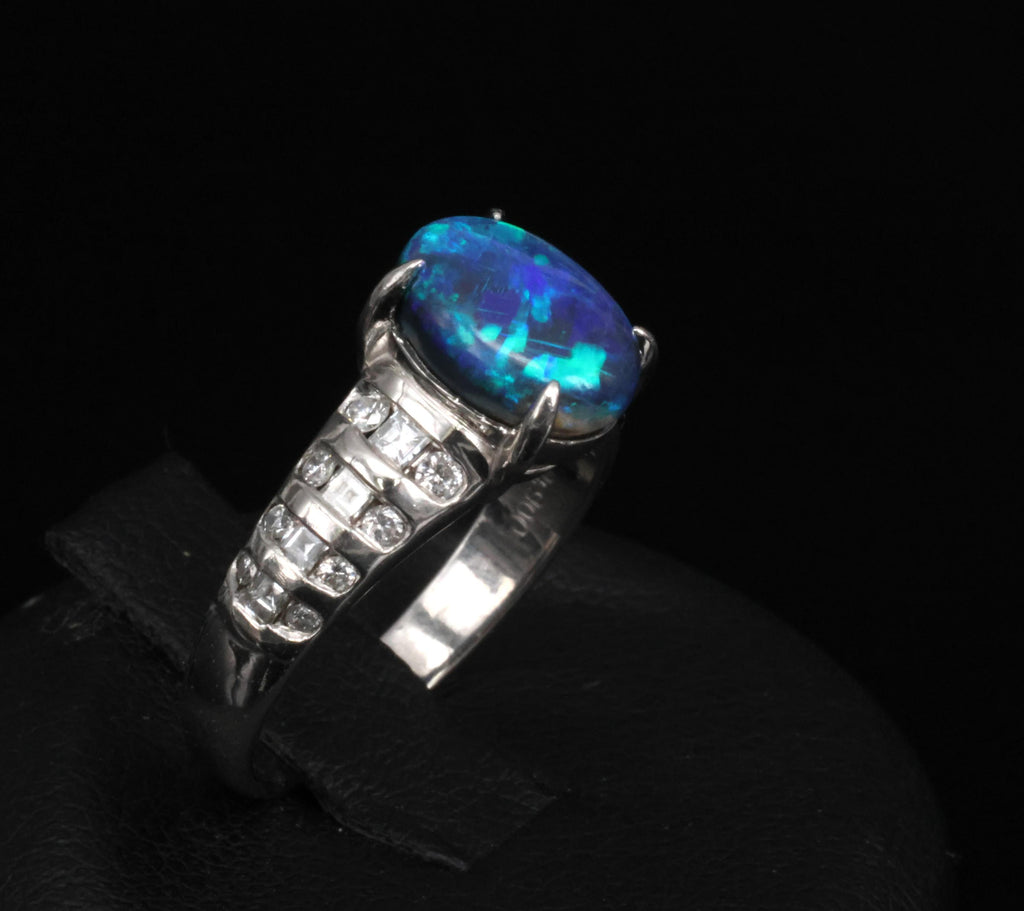 Fine 1.77ct Natural Untreated Black Opal 0.43ct Diamond Platinum Ring Size 6.75