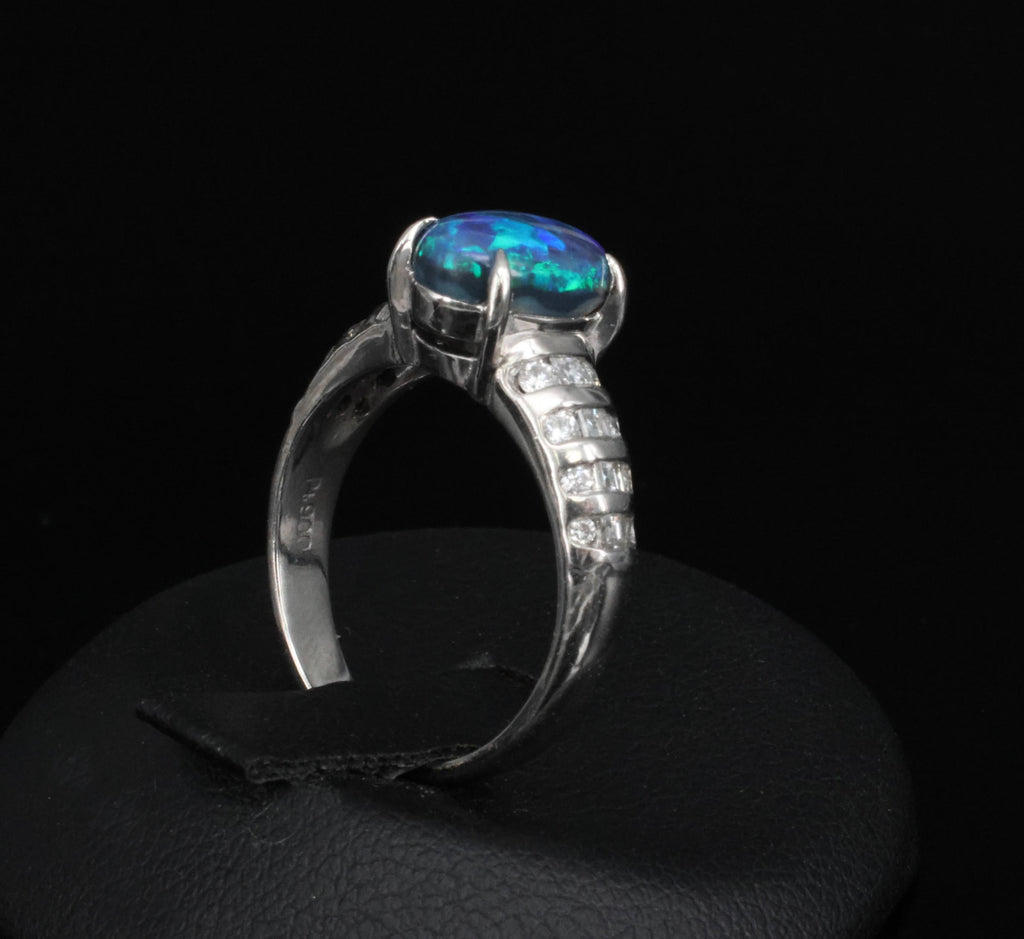 Fine 1.77ct Natural Untreated Black Opal 0.43ct Diamond Platinum Ring Size 6.75