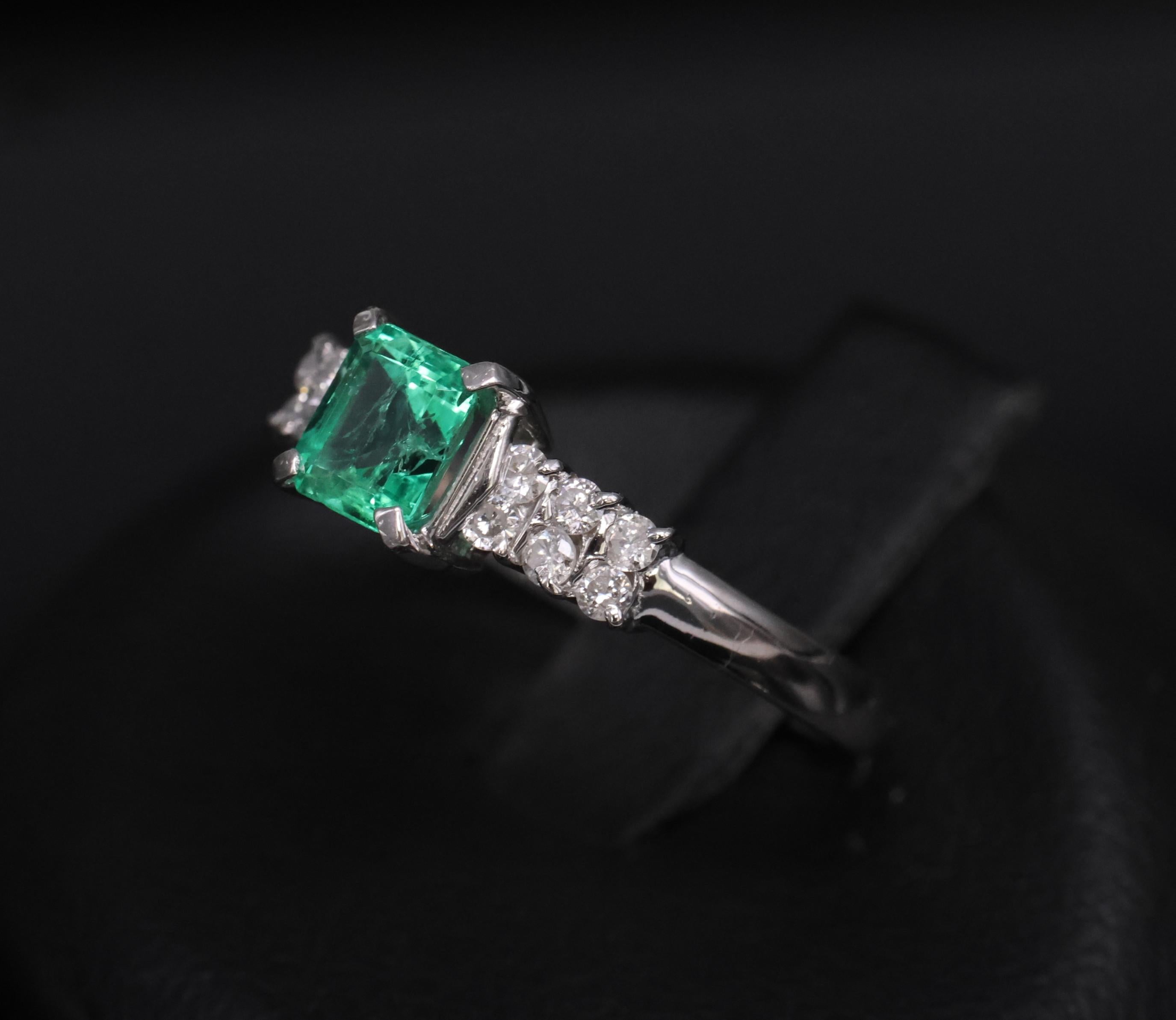 Fine Vintage 0.60ct Colombian Emerald & 0.20ct Diamond Platinum Ring Size 7