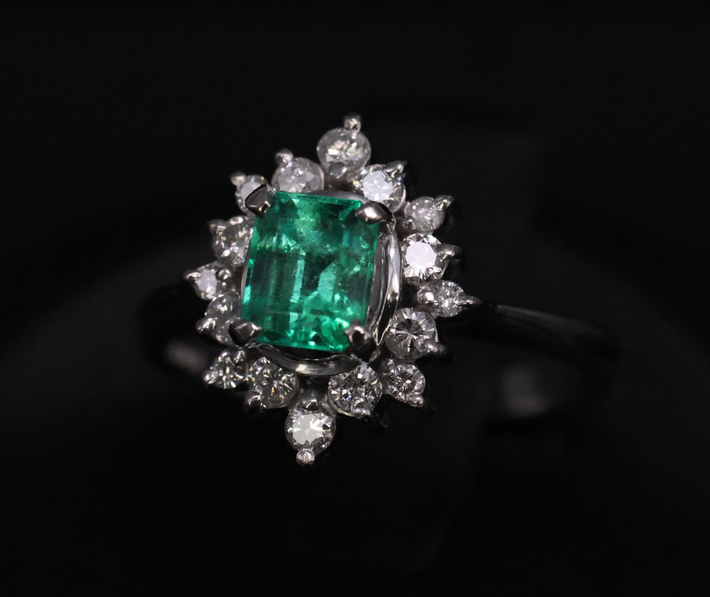 Fine Vintage 0.60ct Colombian Emerald 0.26ct Diamond Platinum Ring Size 4.75