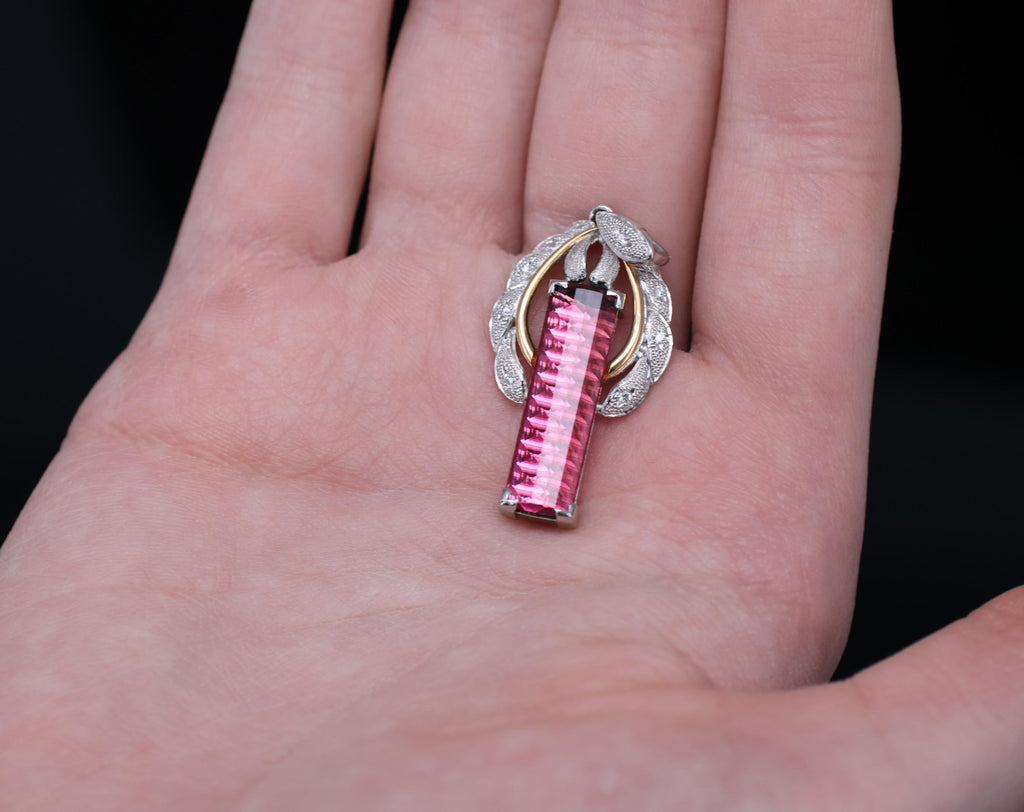 7.70ct Rubellite Tourmaline 0.06ct Diamond Platinum & 18K Yellow Gold Pendant