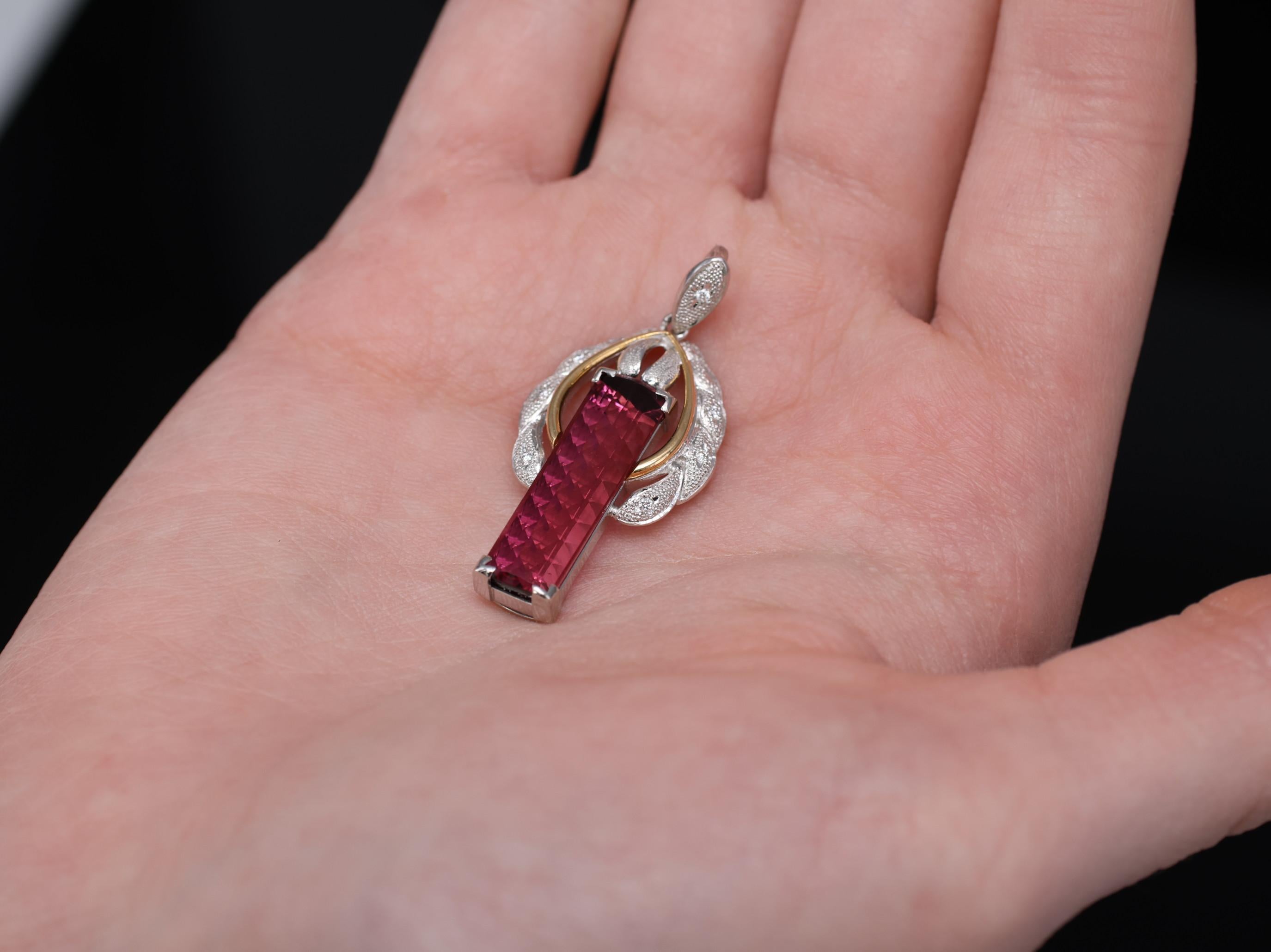 7.70ct Rubellite Tourmaline 0.06ct Diamond Platinum & 18K Yellow Gold Pendant