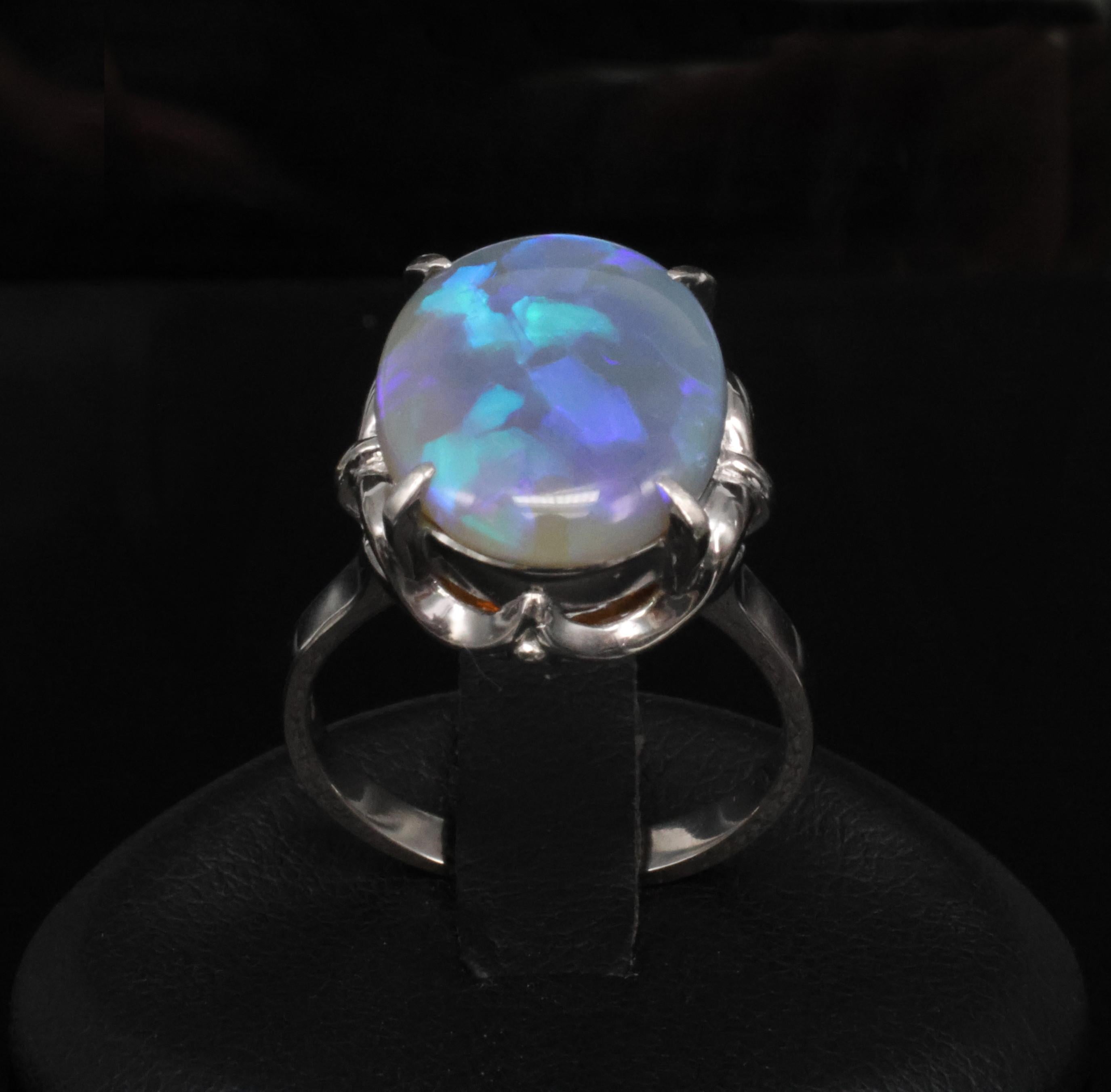 Vintage 6.31ct Natural Untreated Australian Opal Handmade Platinum Ring Size 7.5