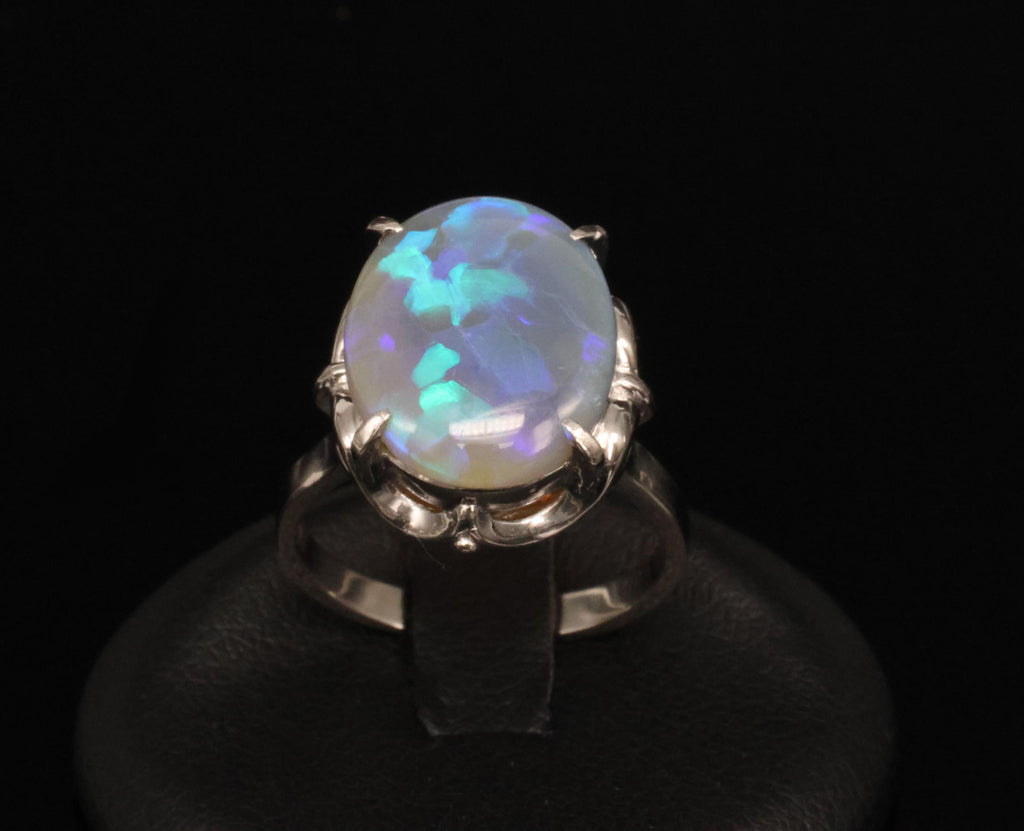 Vintage 6.31ct Natural Untreated Australian Opal Handmade Platinum Ring Size 7.5