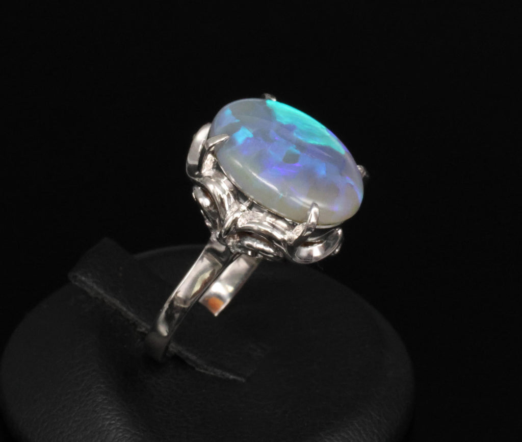 Vintage 6.31ct Natural Untreated Australian Opal Handmade Platinum Ring Size 7.5