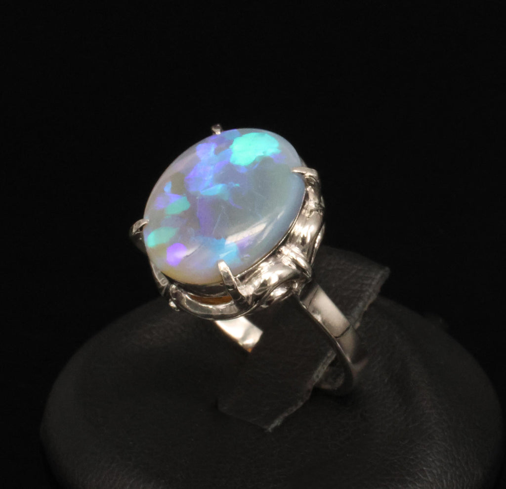 Vintage 6.31ct Natural Untreated Australian Opal Handmade Platinum Ring Size 7.5