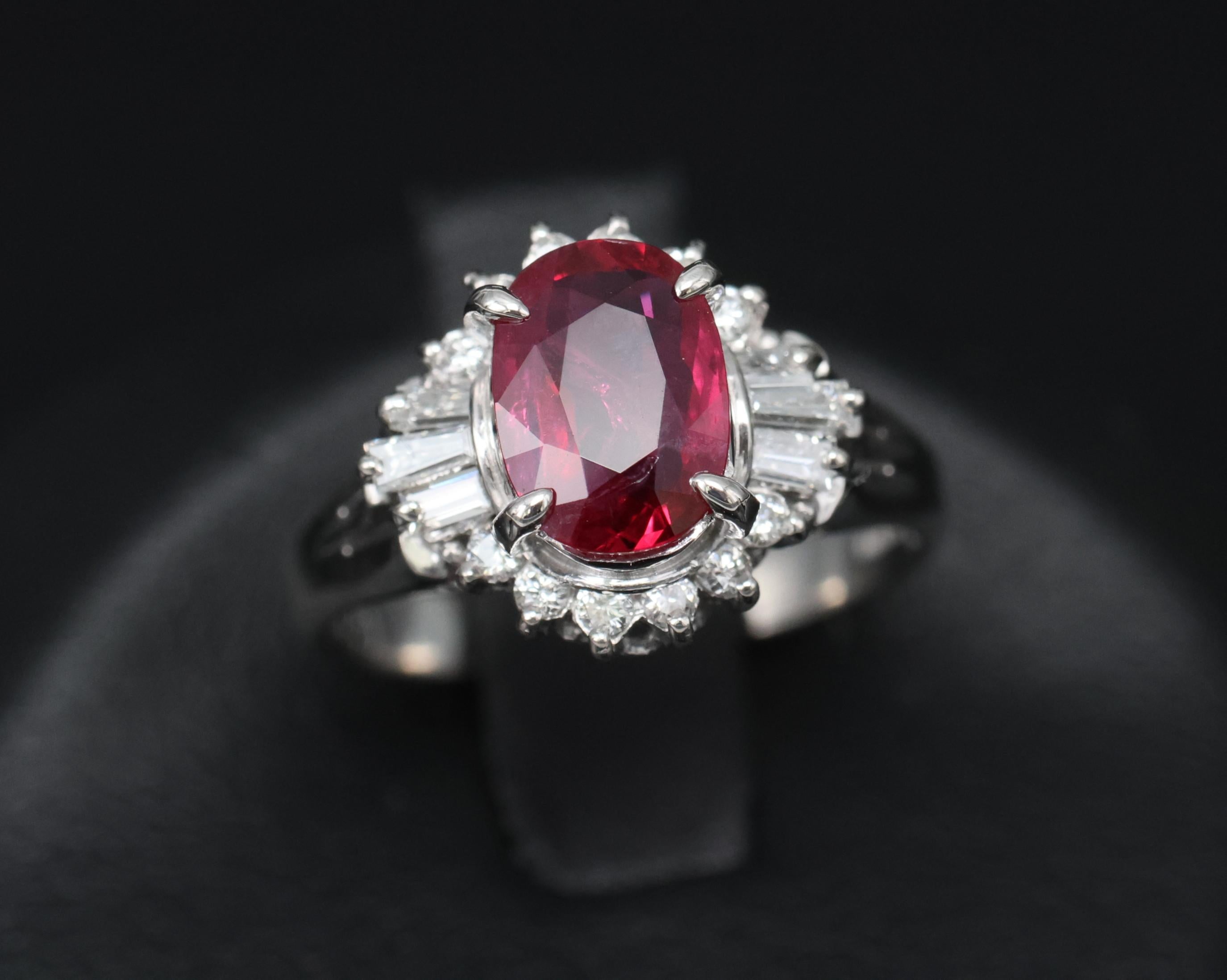 Vintage 1.11ct Intense Red Ruby & 0.29ct Diamond Platinum Ring Size 4.5, 4.84g