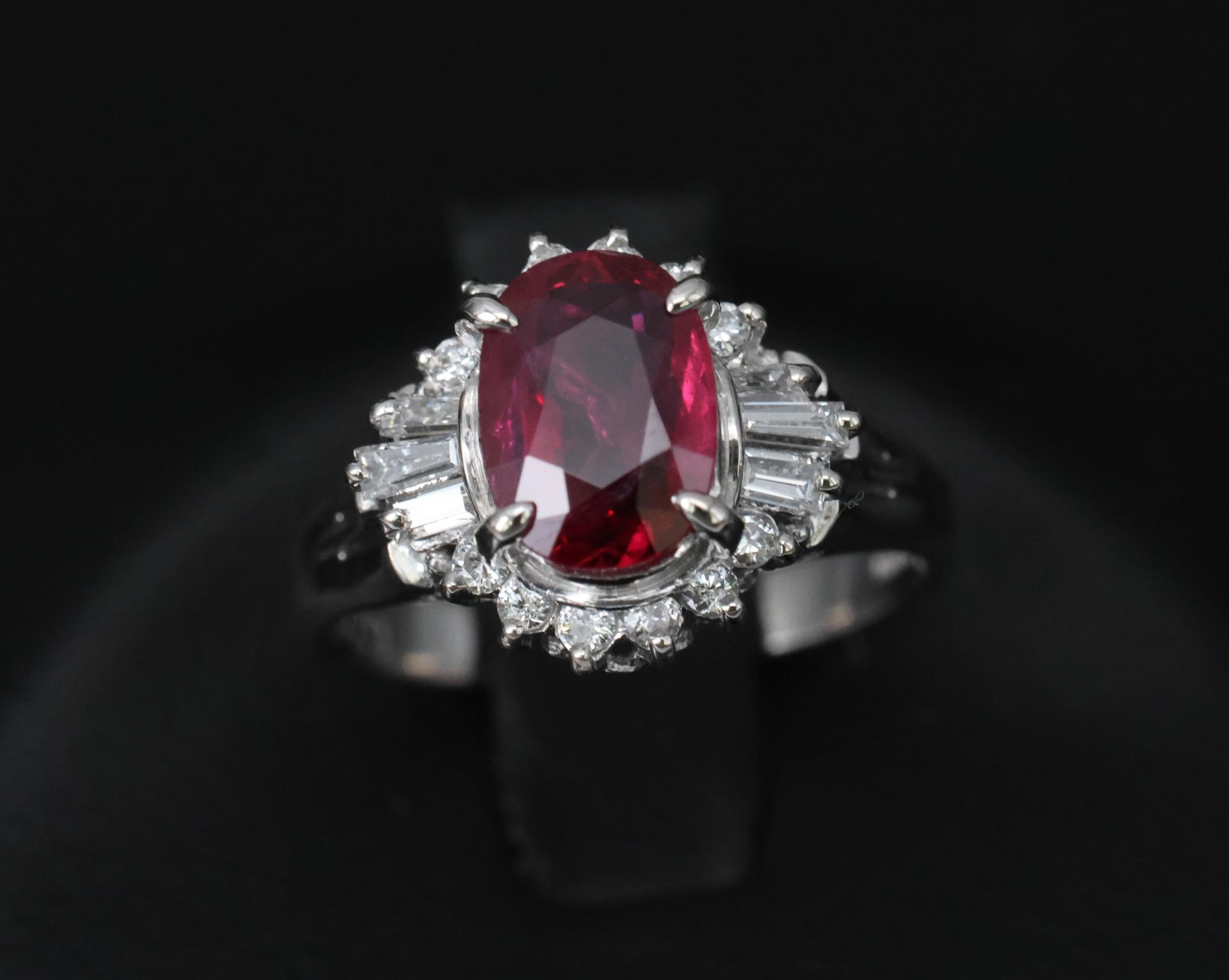 Vintage 1.11ct Intense Red Ruby & 0.29ct Diamond Platinum Ring Size 4.5, 4.84g
