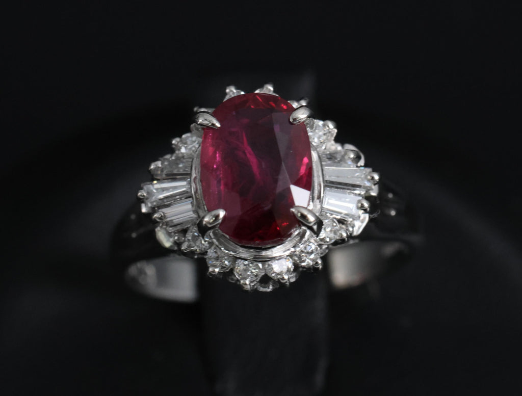 Vintage 1.11ct Intense Red Ruby & 0.29ct Diamond Platinum Ring Size 4.5, 4.84g