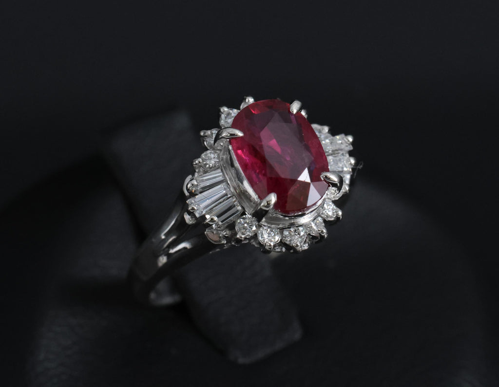 Vintage 1.11ct Intense Red Ruby & 0.29ct Diamond Platinum Ring Size 4.5, 4.84g