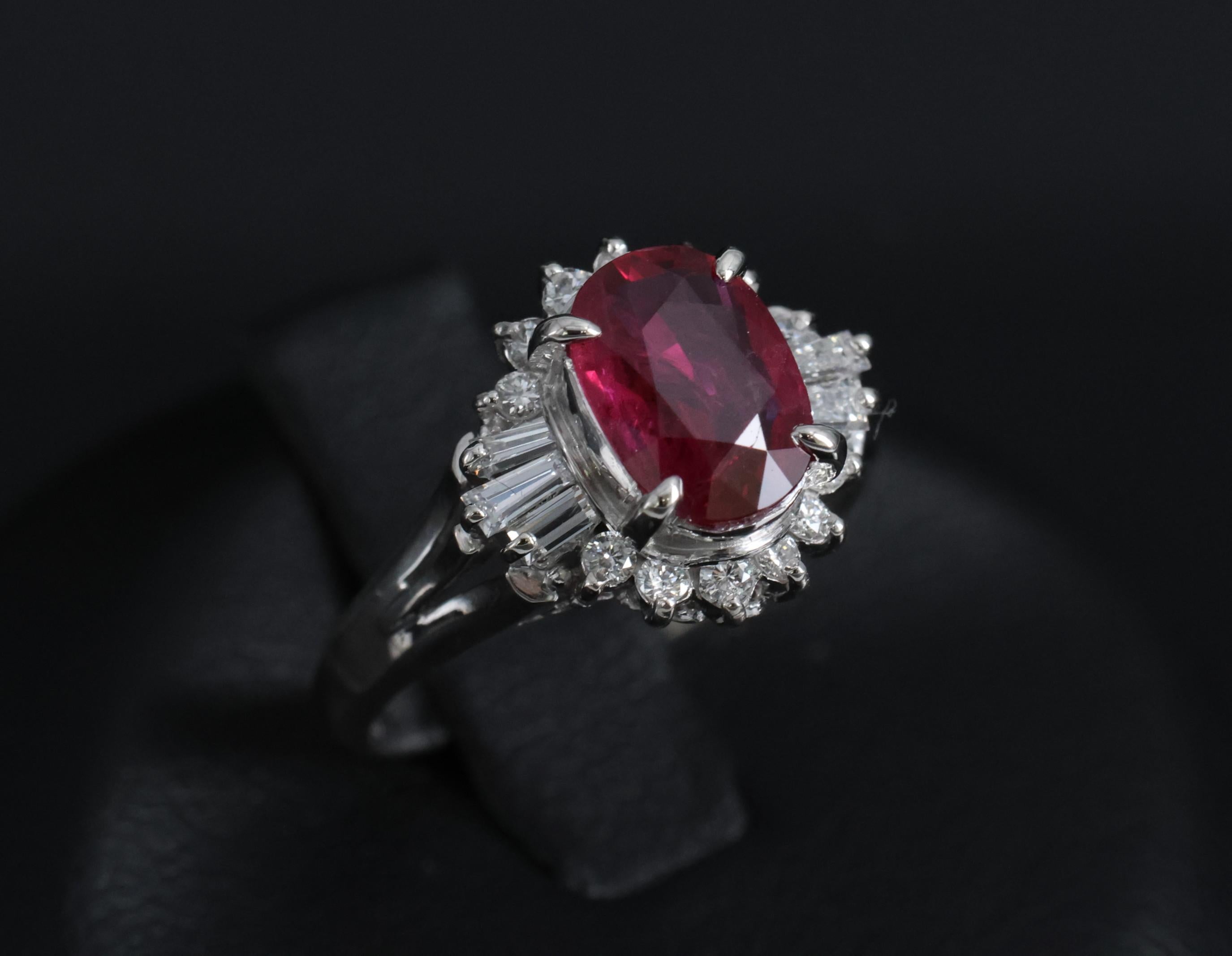 Vintage 1.11ct Intense Red Ruby & 0.29ct Diamond Platinum Ring Size 4.5, 4.84g