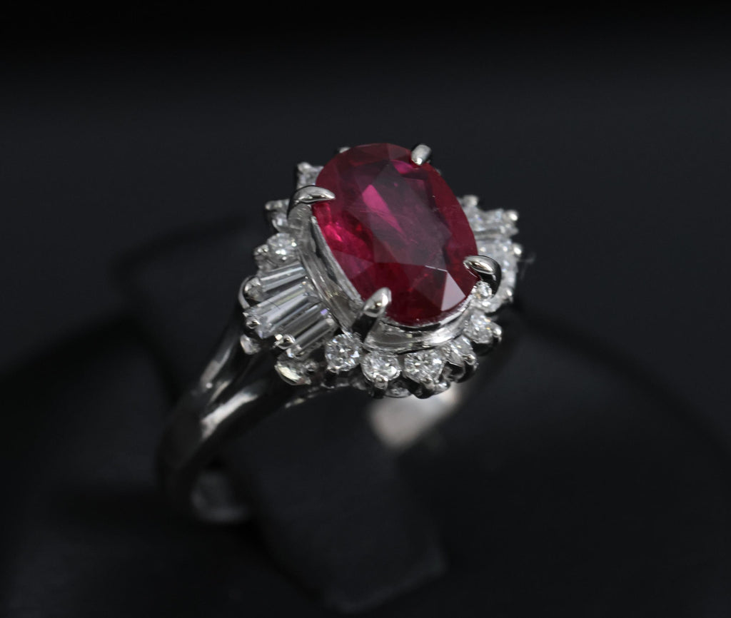 Vintage 1.11ct Intense Red Ruby & 0.29ct Diamond Platinum Ring Size 4.5, 4.84g