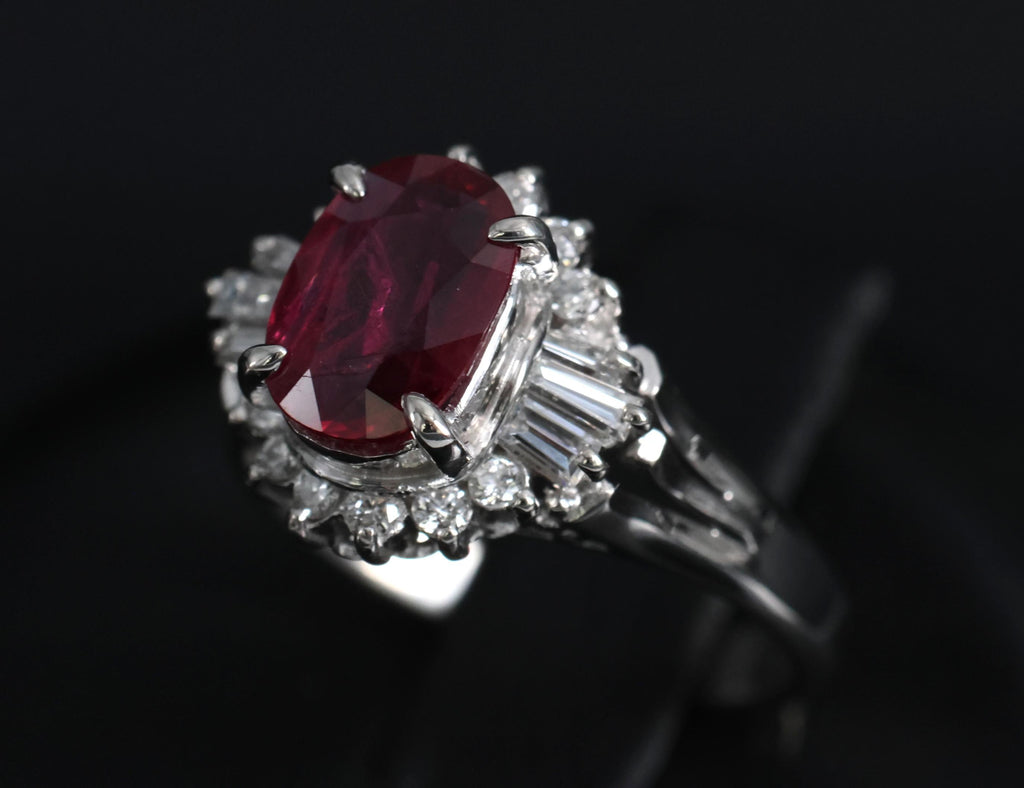 Vintage 1.11ct Intense Red Ruby & 0.29ct Diamond Platinum Ring Size 4.5, 4.84g