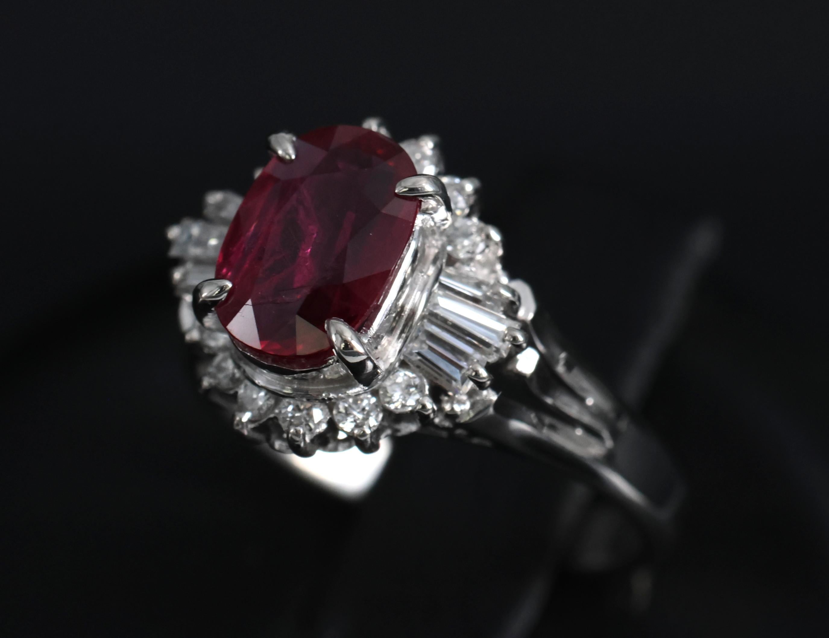 Vintage 1.11ct Intense Red Ruby & 0.29ct Diamond Platinum Ring Size 4.5, 4.84g