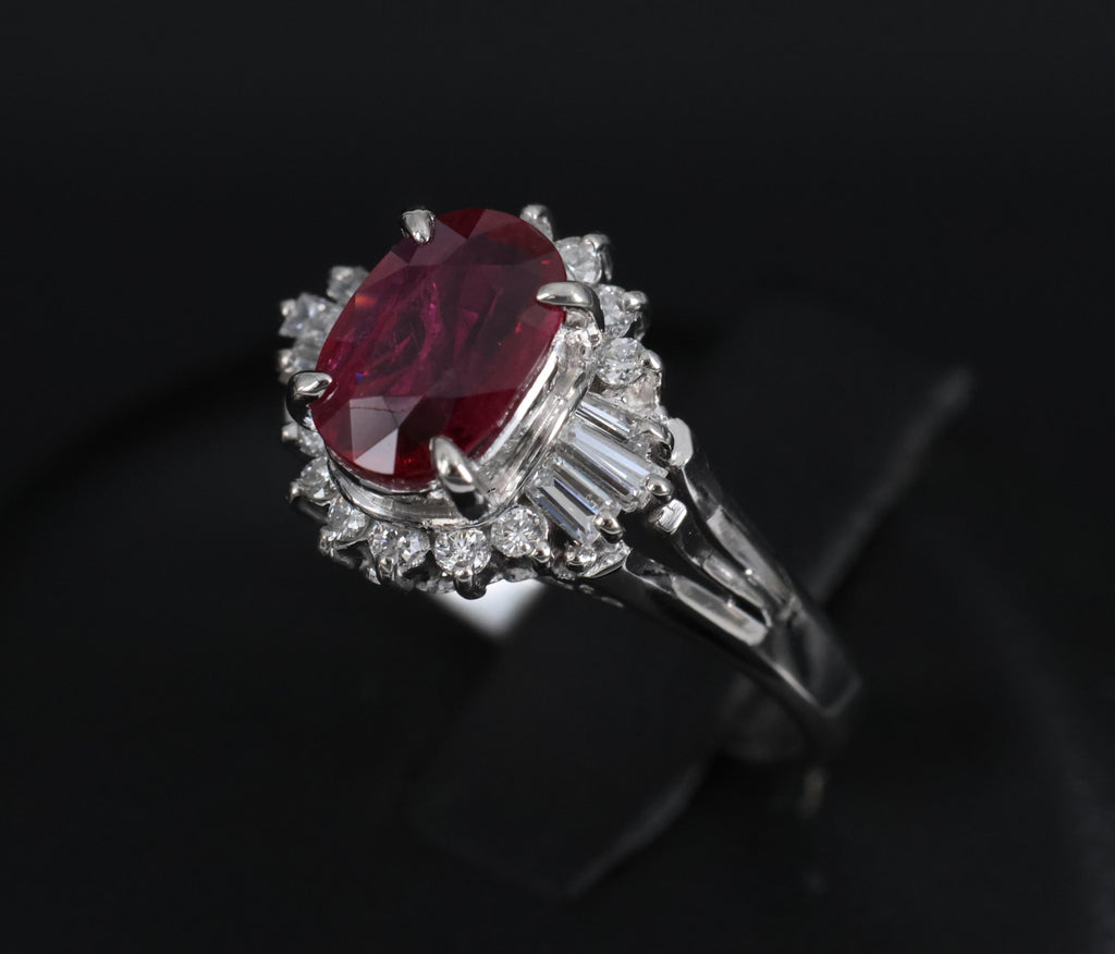 Vintage 1.11ct Intense Red Ruby & 0.29ct Diamond Platinum Ring Size 4.5, 4.84g