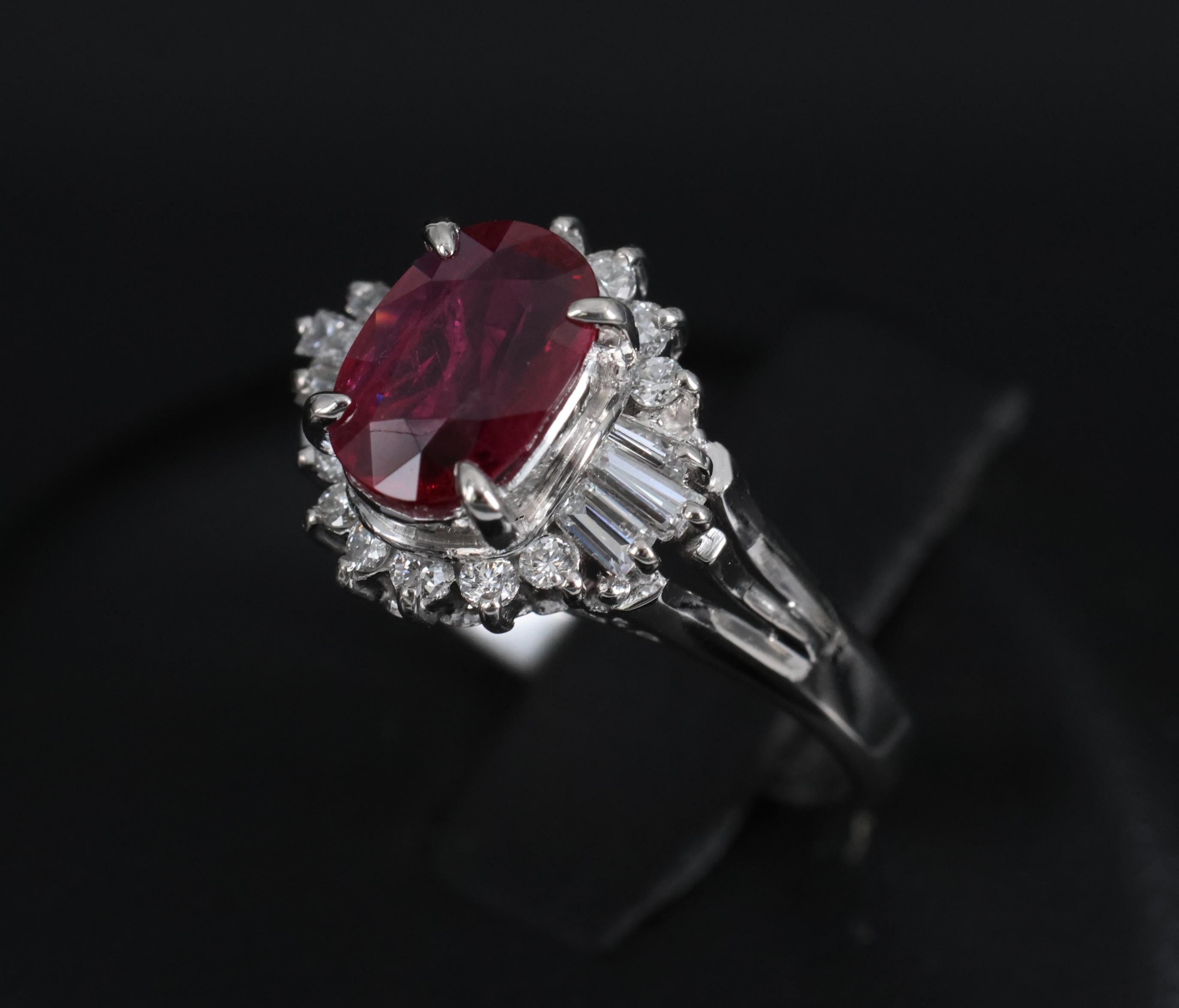 Vintage 1.11ct Intense Red Ruby & 0.29ct Diamond Platinum Ring Size 4.5, 4.84g