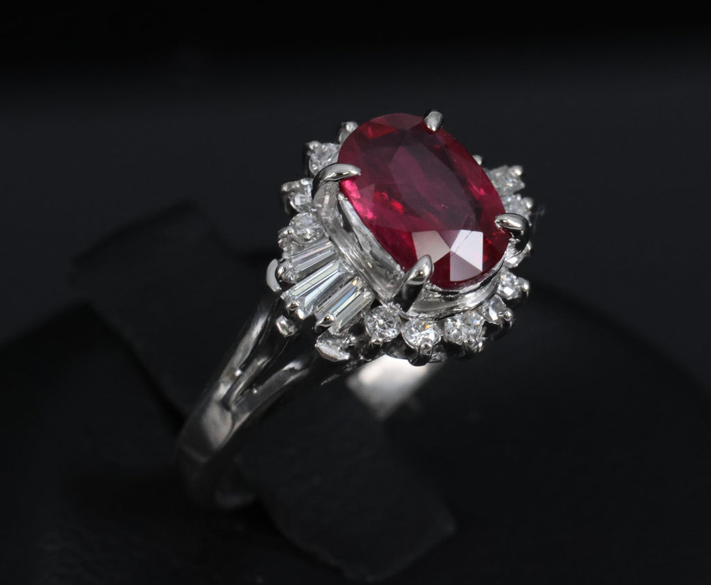 Vintage 1.11ct Intense Red Ruby & 0.29ct Diamond Platinum Ring Size 4.5, 4.84g