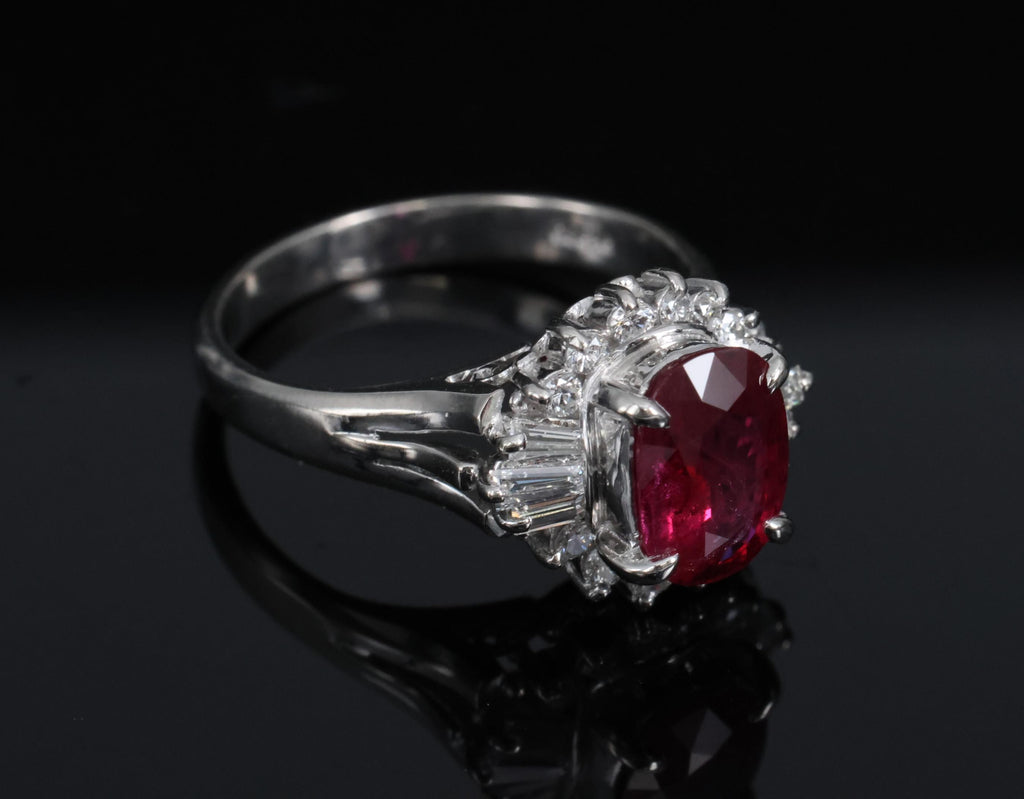 Vintage 1.11ct Intense Red Ruby & 0.29ct Diamond Platinum Ring Size 4.5, 4.84g