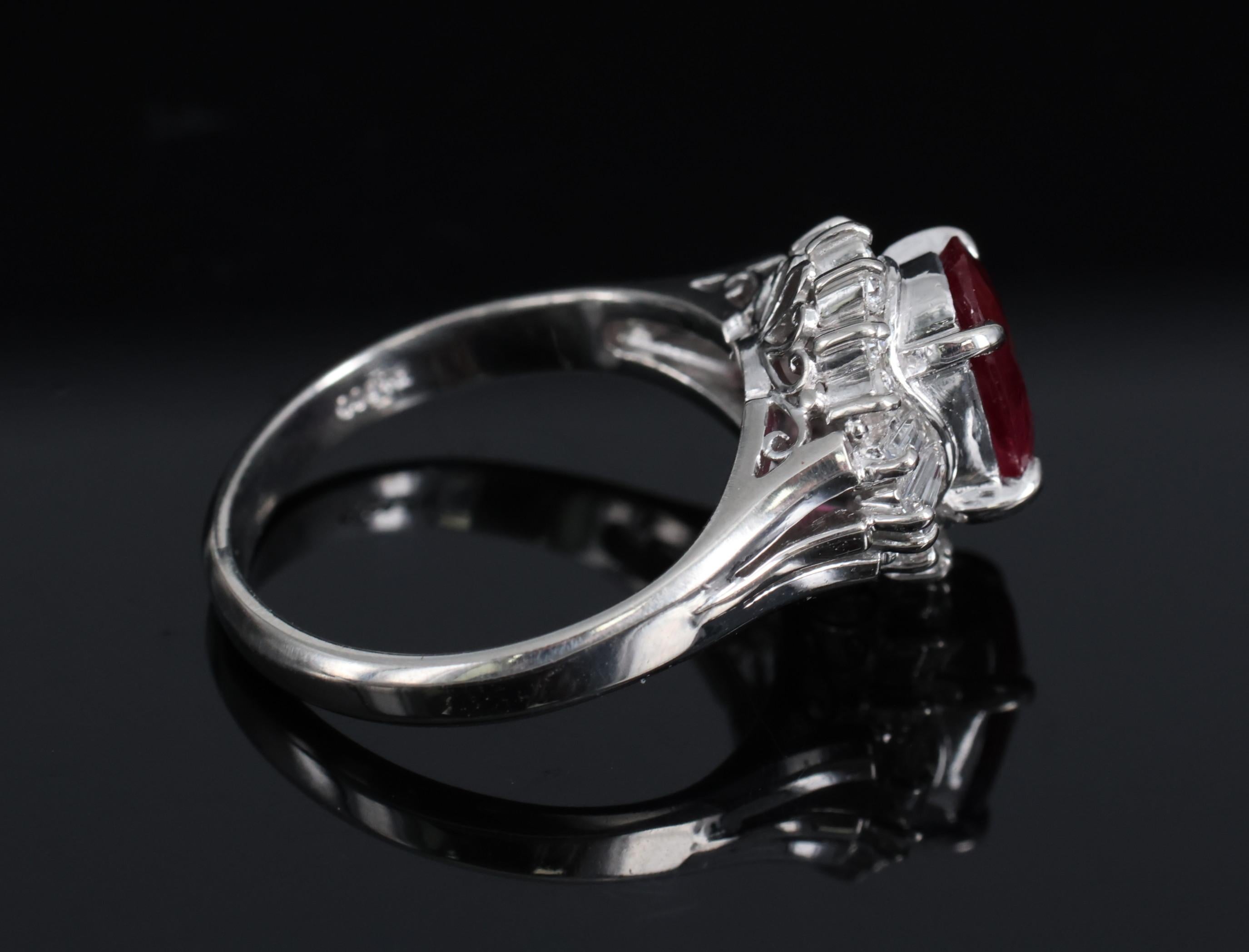 Vintage 1.11ct Intense Red Ruby & 0.29ct Diamond Platinum Ring Size 4.5, 4.84g