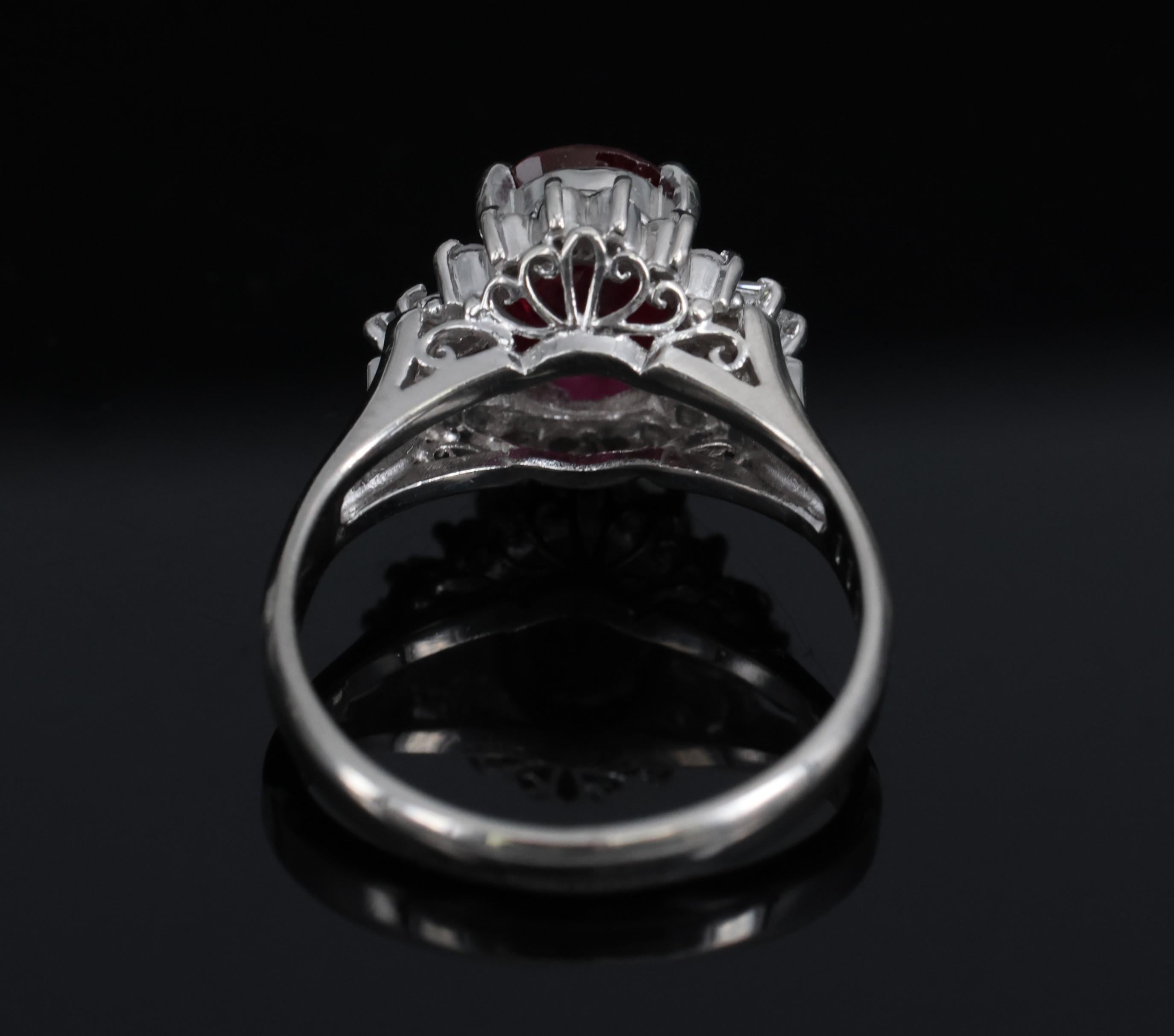 Vintage 1.11ct Intense Red Ruby & 0.29ct Diamond Platinum Ring Size 4.5, 4.84g
