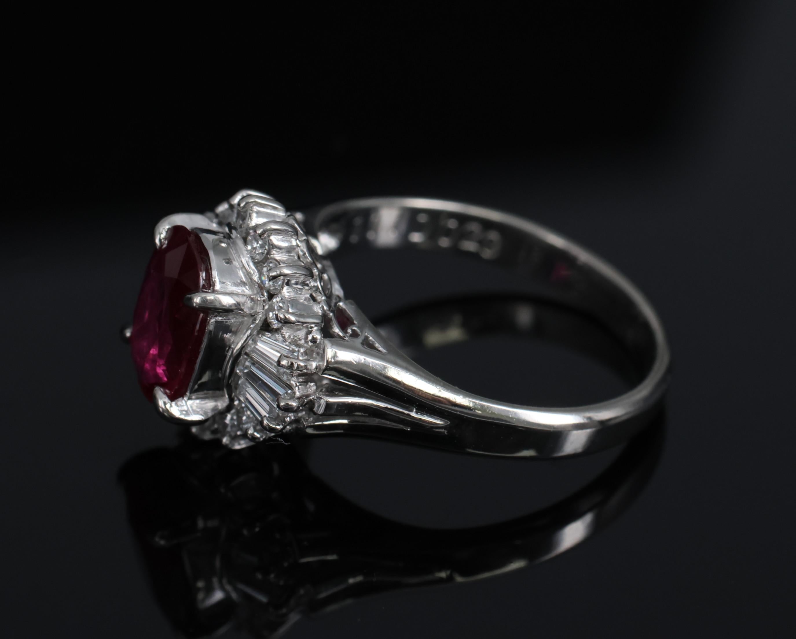 Vintage 1.11ct Intense Red Ruby & 0.29ct Diamond Platinum Ring Size 4.5, 4.84g