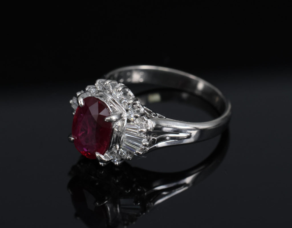 Vintage 1.11ct Intense Red Ruby & 0.29ct Diamond Platinum Ring Size 4.5, 4.84g