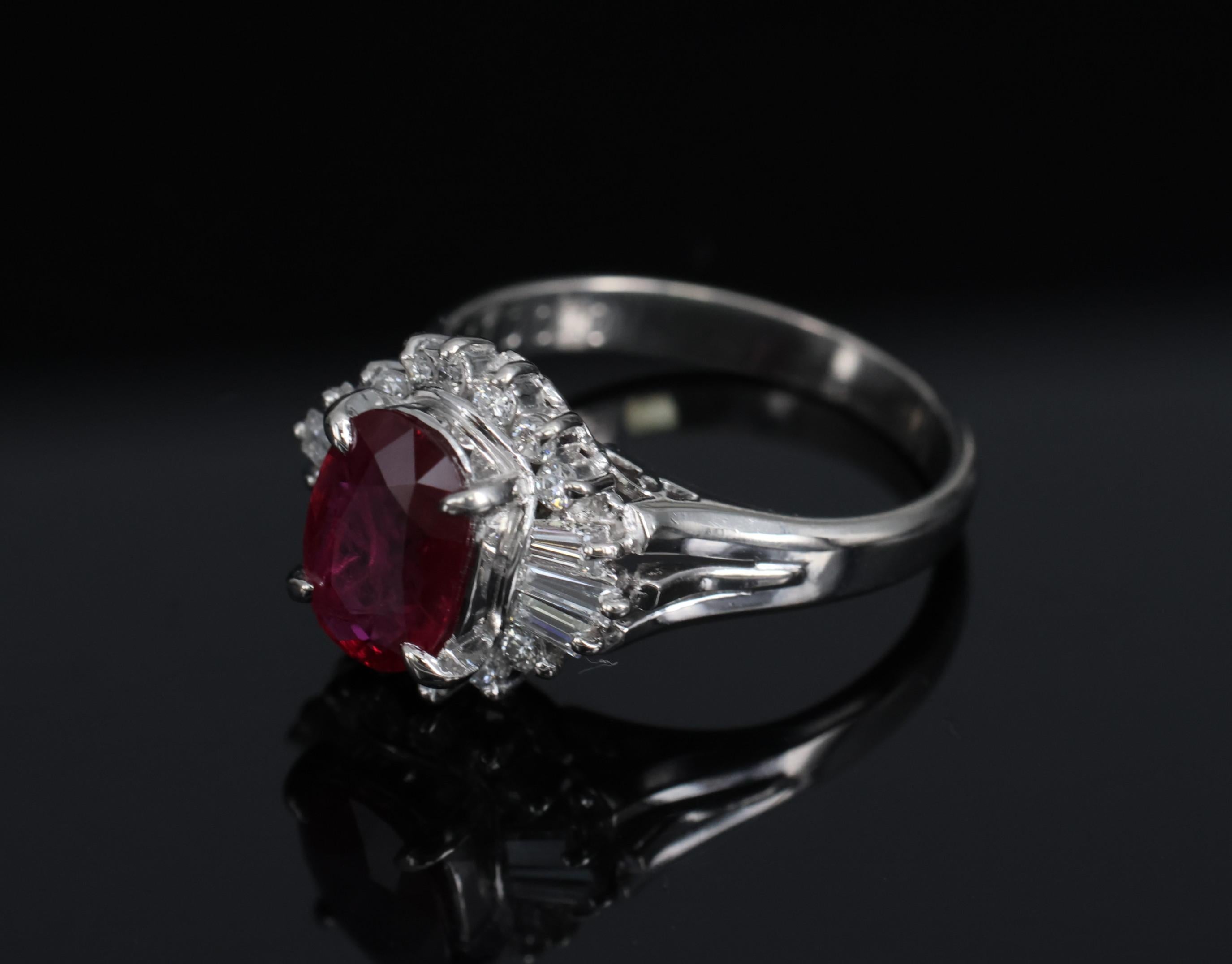 Vintage 1.11ct Intense Red Ruby & 0.29ct Diamond Platinum Ring Size 4.5, 4.84g