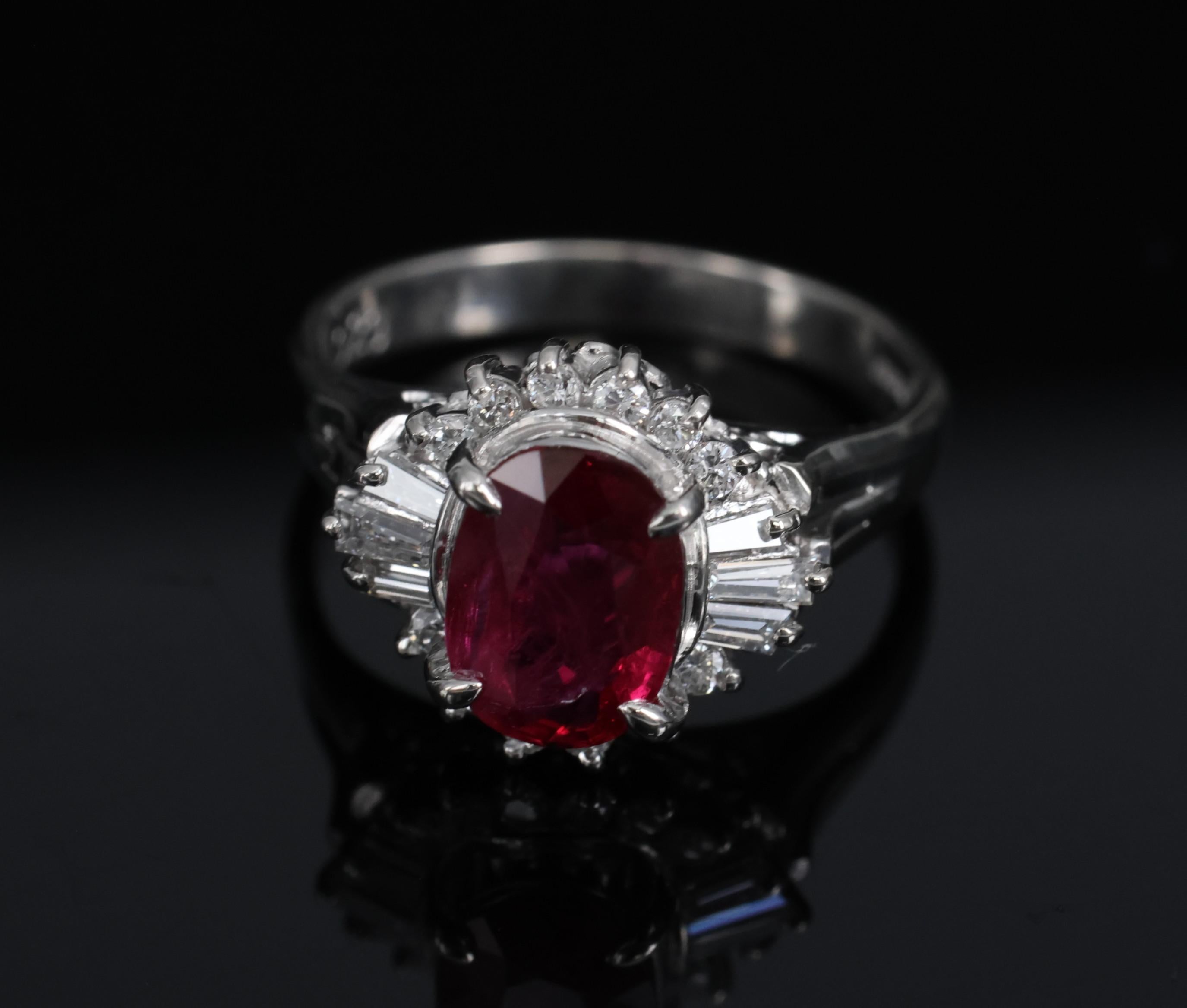 Vintage 1.11ct Intense Red Ruby & 0.29ct Diamond Platinum Ring Size 4.5, 4.84g