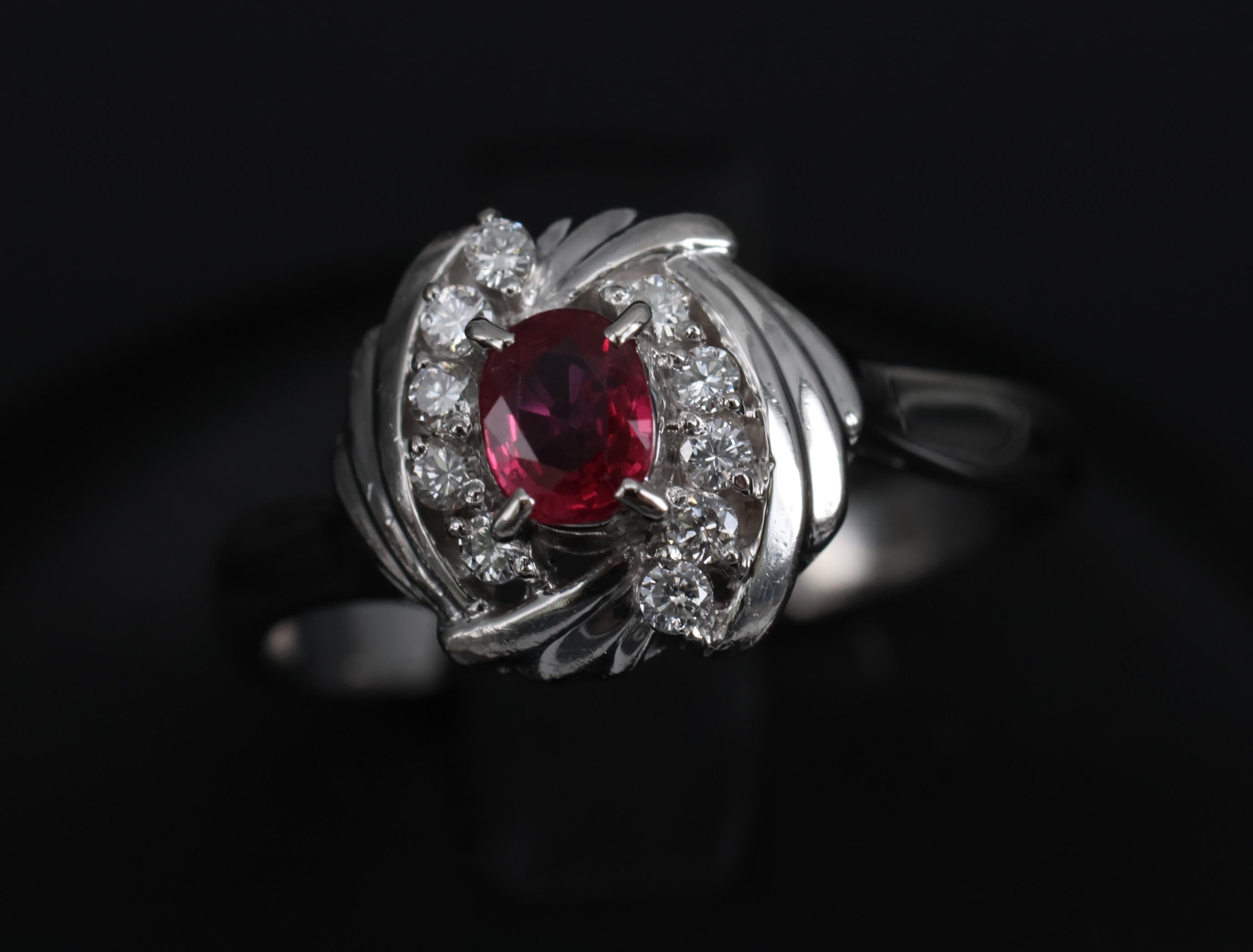 Vintage 0.31ct Intense Red Ruby & 0.14ct Diamond Platinum Ring Size 7.25, 5.19g