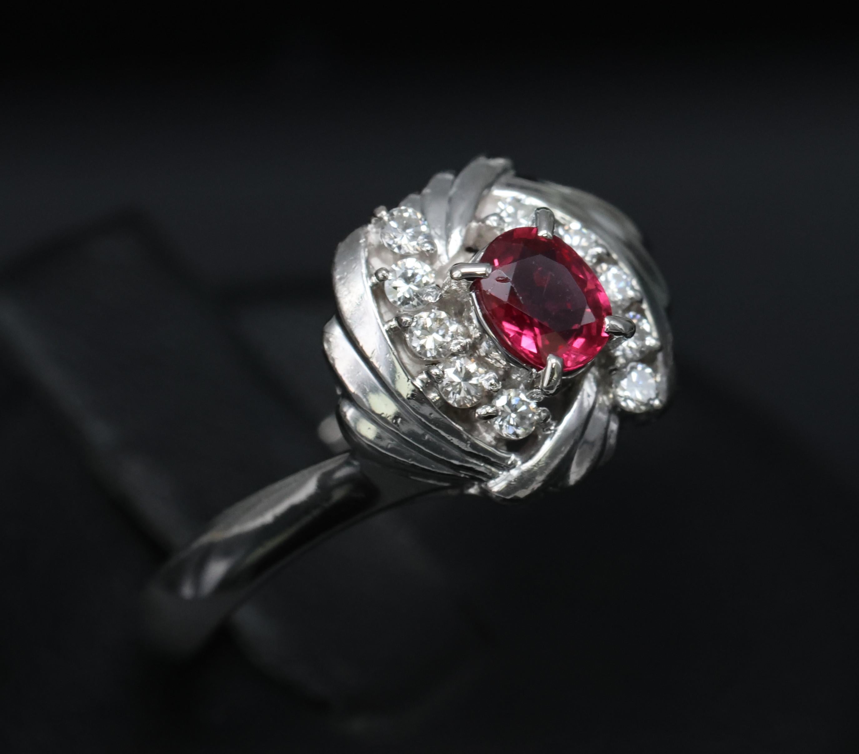 Vintage 0.31ct Intense Red Ruby & 0.14ct Diamond Platinum Ring Size 7.25, 5.19g