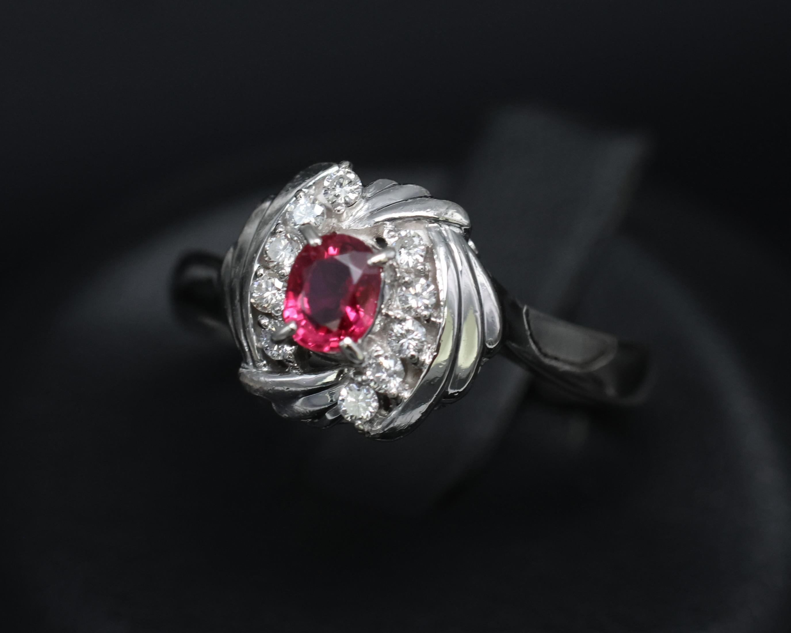 Vintage 0.31ct Intense Red Ruby & 0.14ct Diamond Platinum Ring Size 7.25, 5.19g