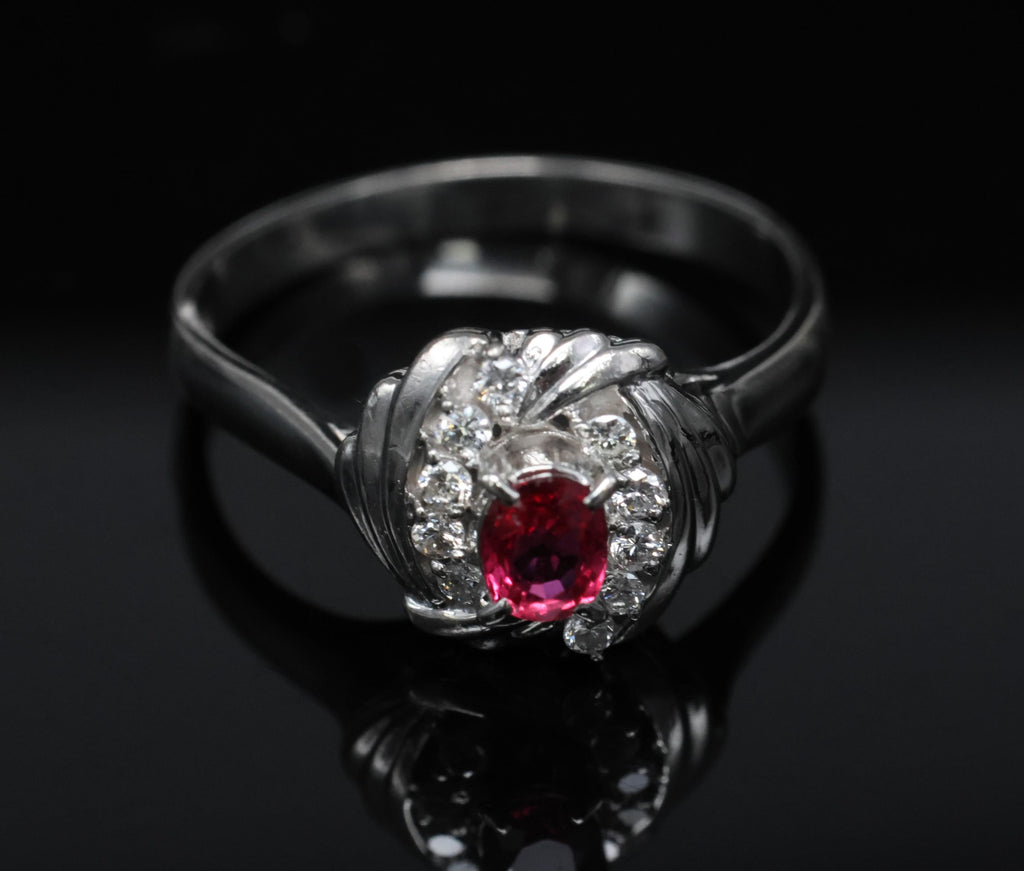 Vintage 0.31ct Intense Red Ruby & 0.14ct Diamond Platinum Ring Size 7.25, 5.19g