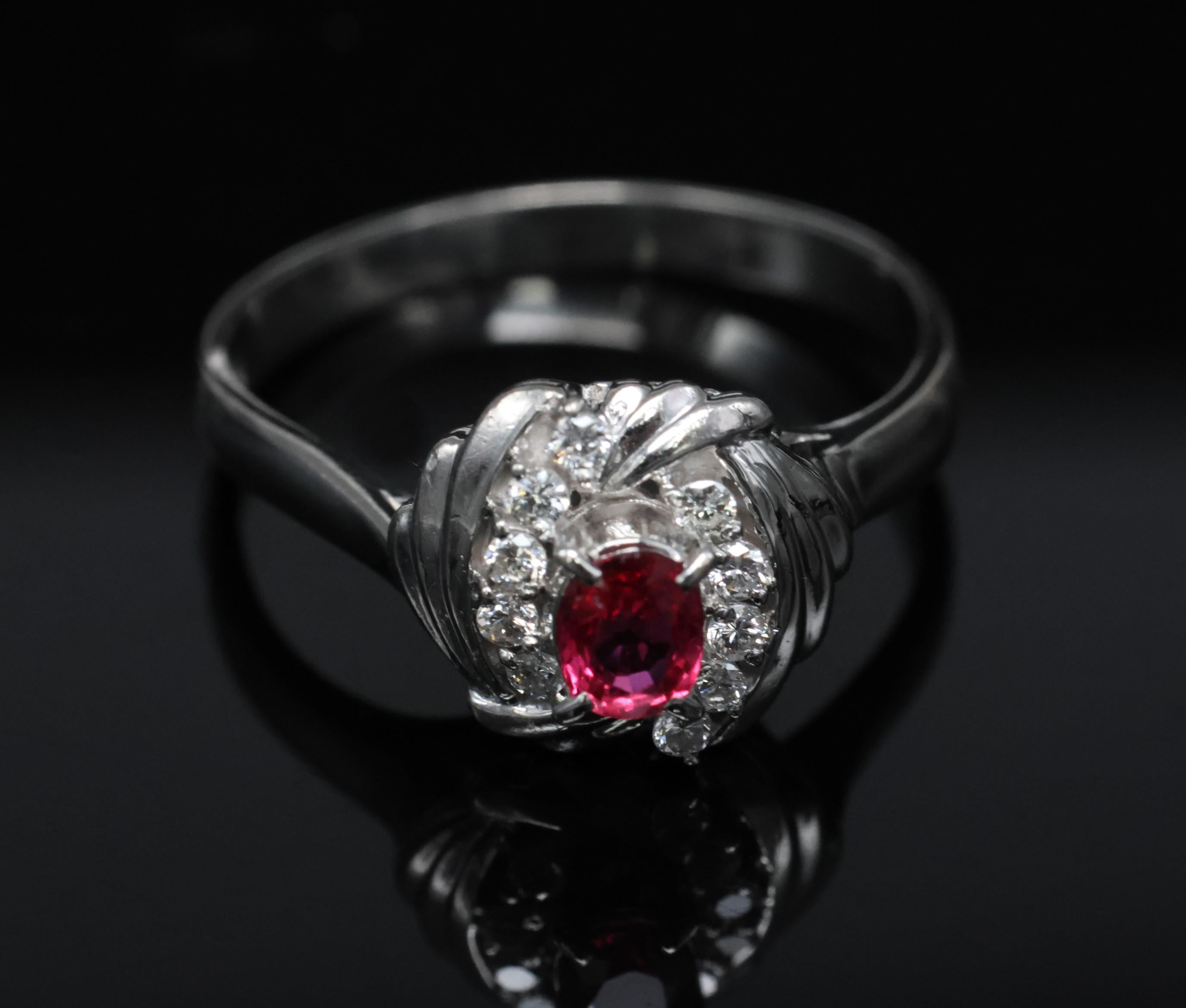 Vintage 0.31ct Intense Red Ruby & 0.14ct Diamond Platinum Ring Size 7.25, 5.19g