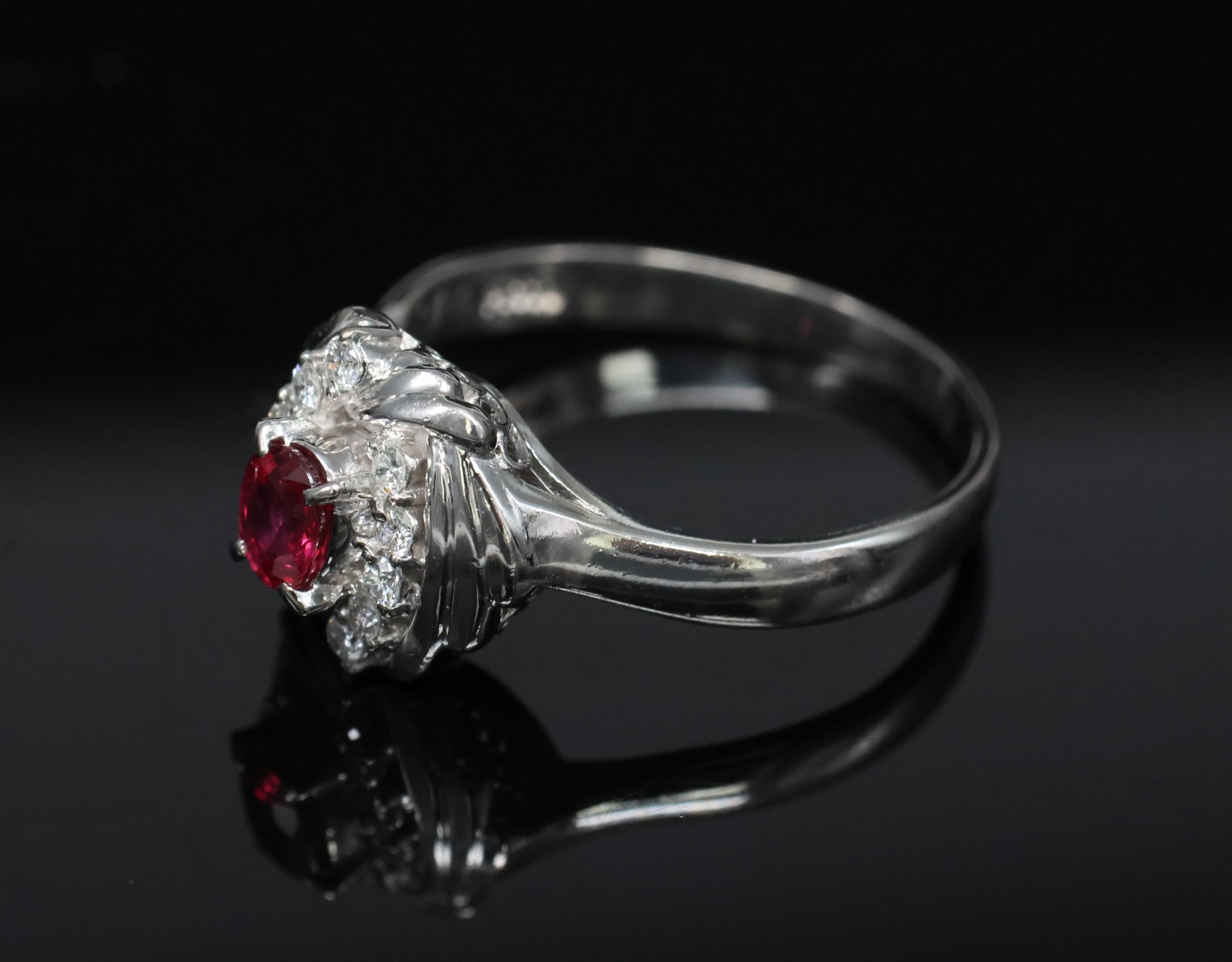 Vintage 0.31ct Intense Red Ruby & 0.14ct Diamond Platinum Ring Size 7.25, 5.19g