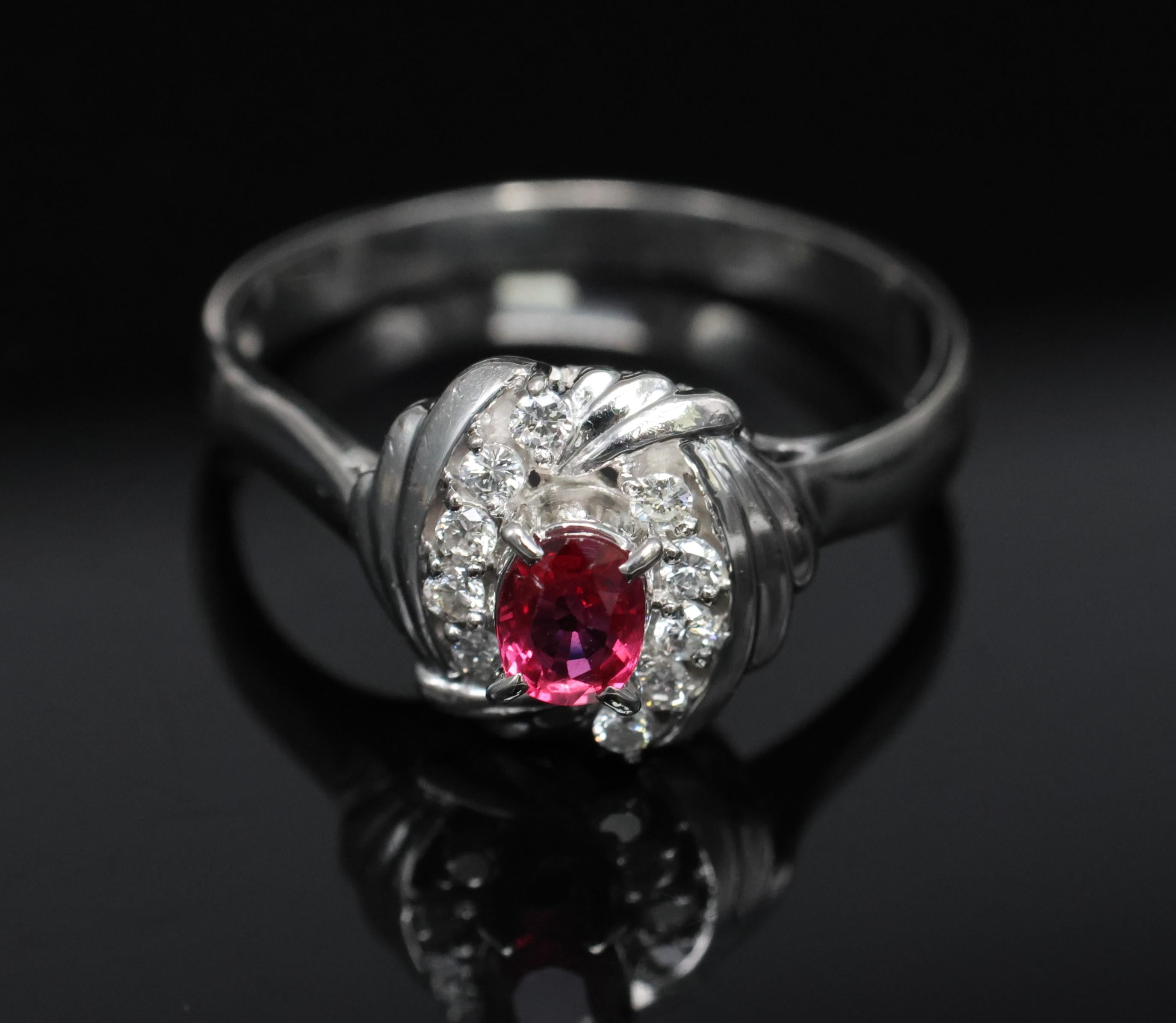 Vintage 0.31ct Intense Red Ruby & 0.14ct Diamond Platinum Ring Size 7.25, 5.19g