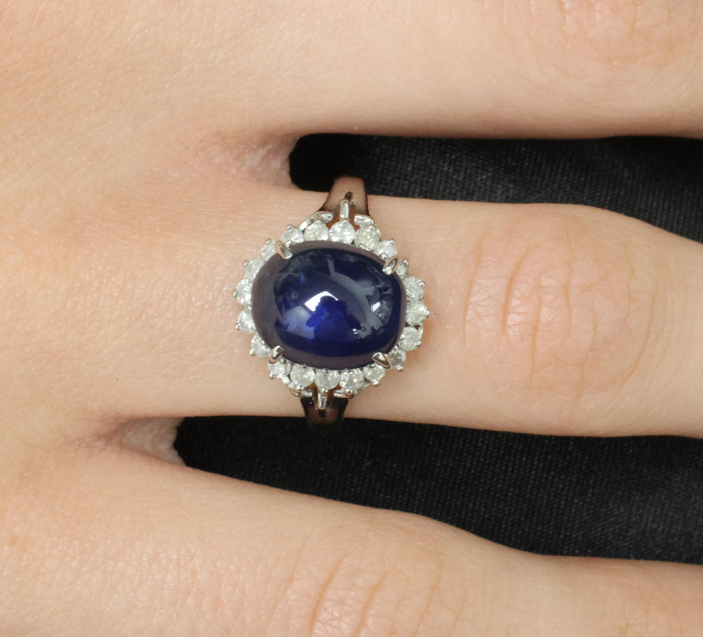 5.42ct Natural Royal Blue Sapphire & 0.50ct Diamond Halo Platinum Ring, Size 6.5