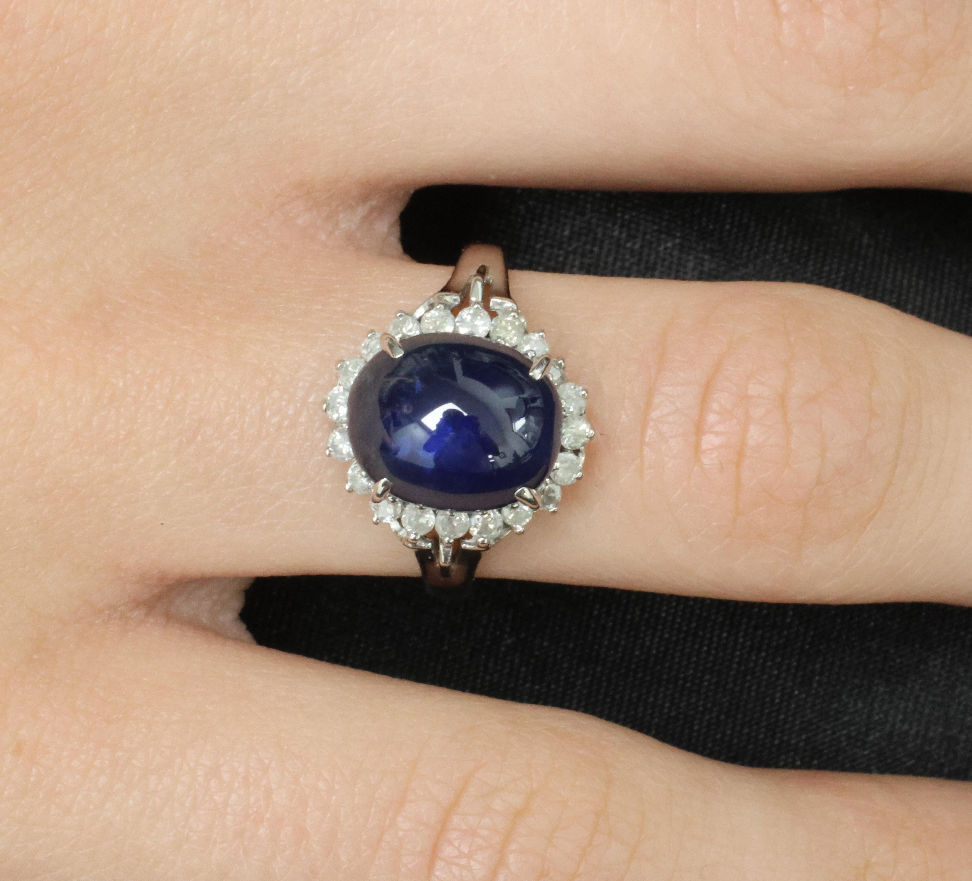 5.42ct Natural Royal Blue Sapphire & 0.50ct Diamond Halo Platinum Ring, Size 6.5